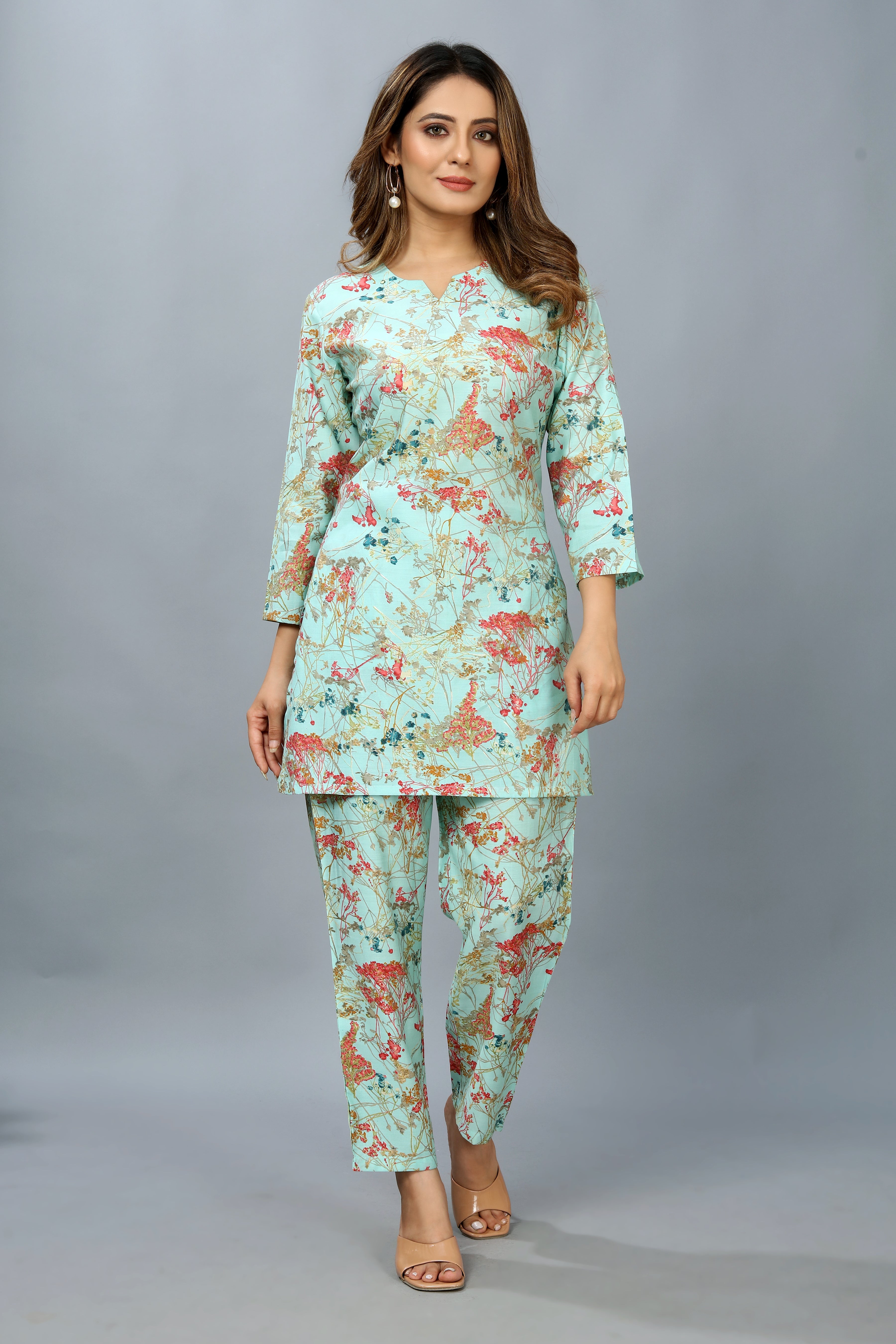Women Blend Viscose Printed Straight Co-ord Set (Blue)