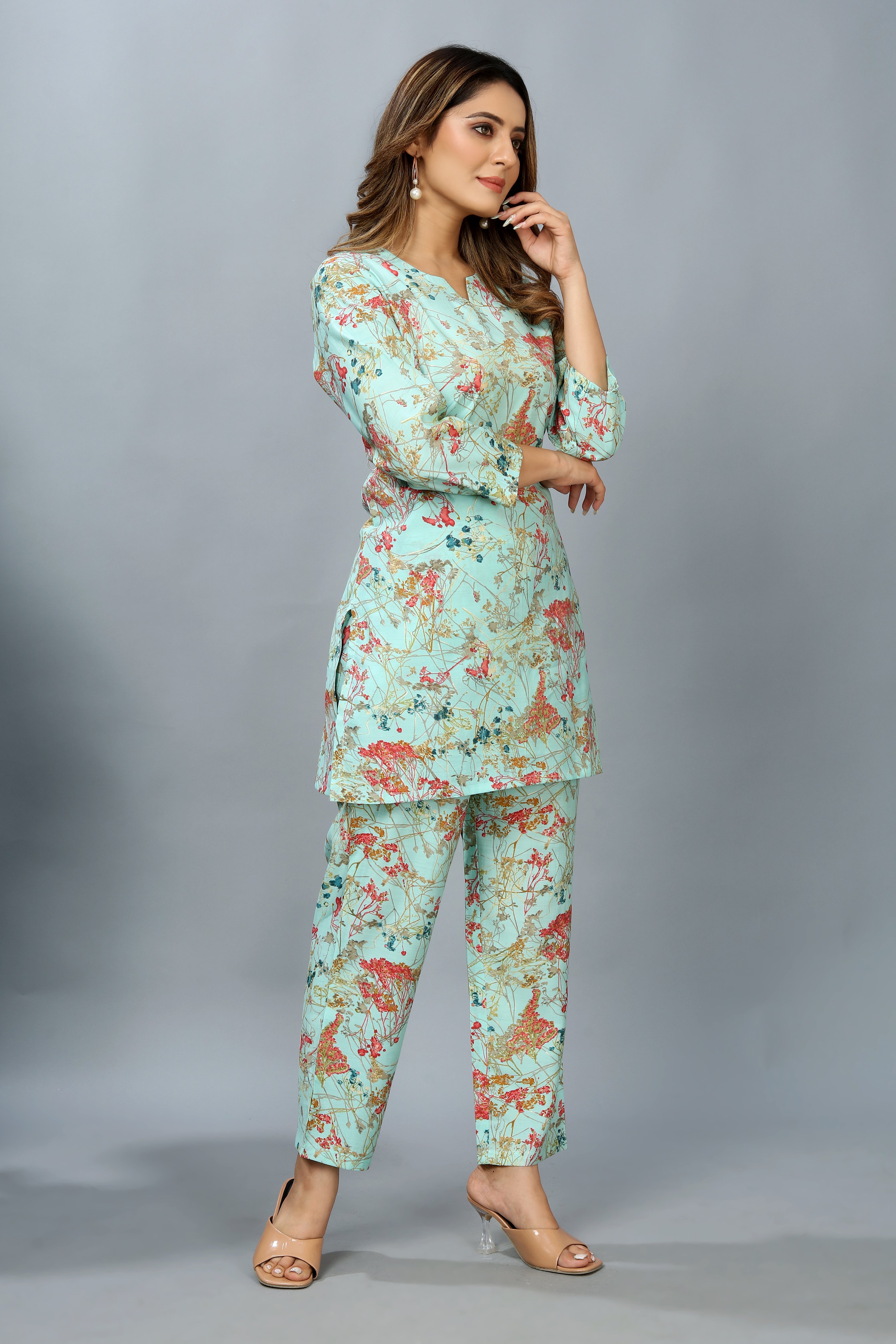 Women Blend Viscose Printed Straight Co-ord Set (Blue)