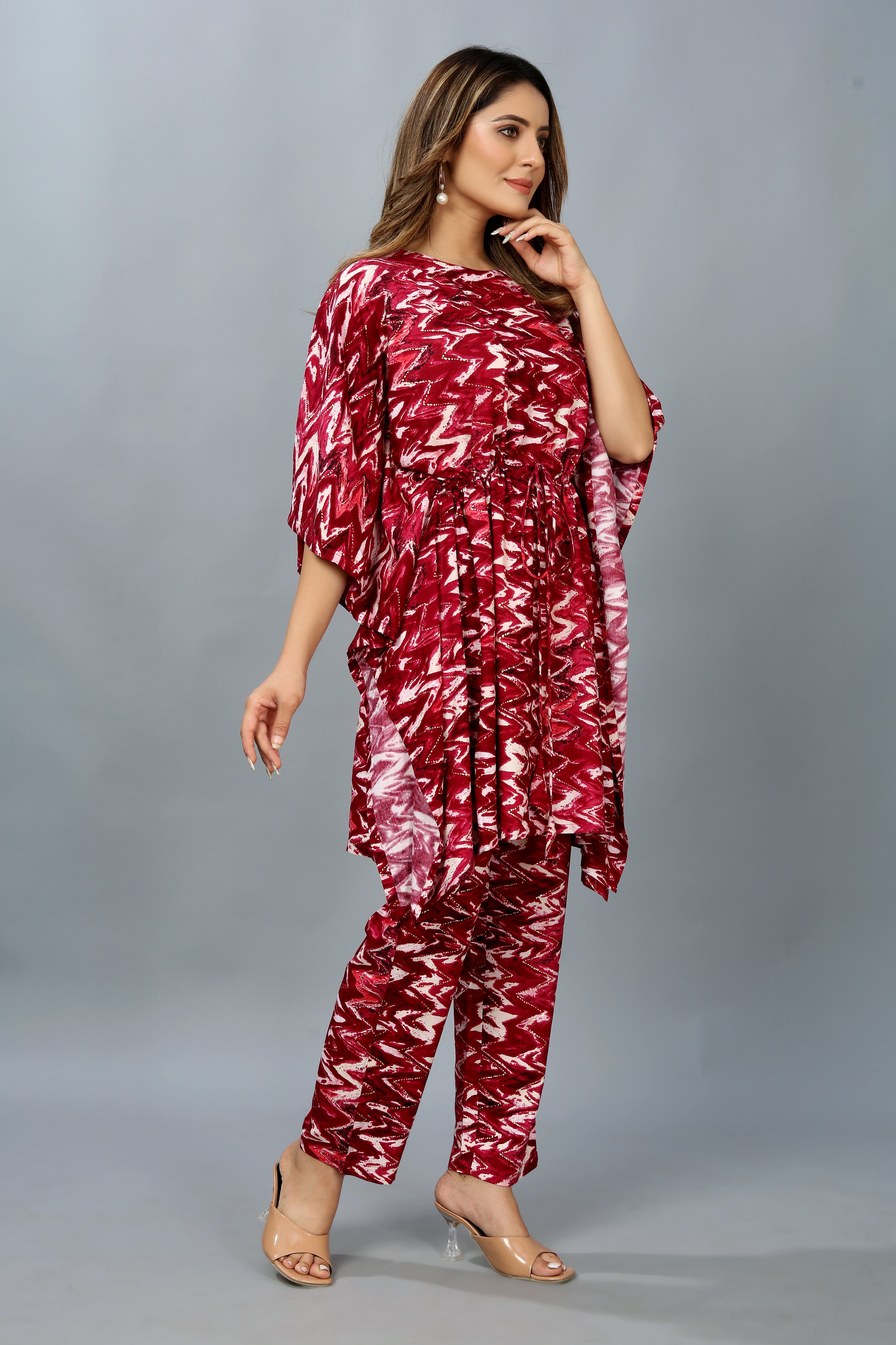 maroon printed kaftan co-ord set