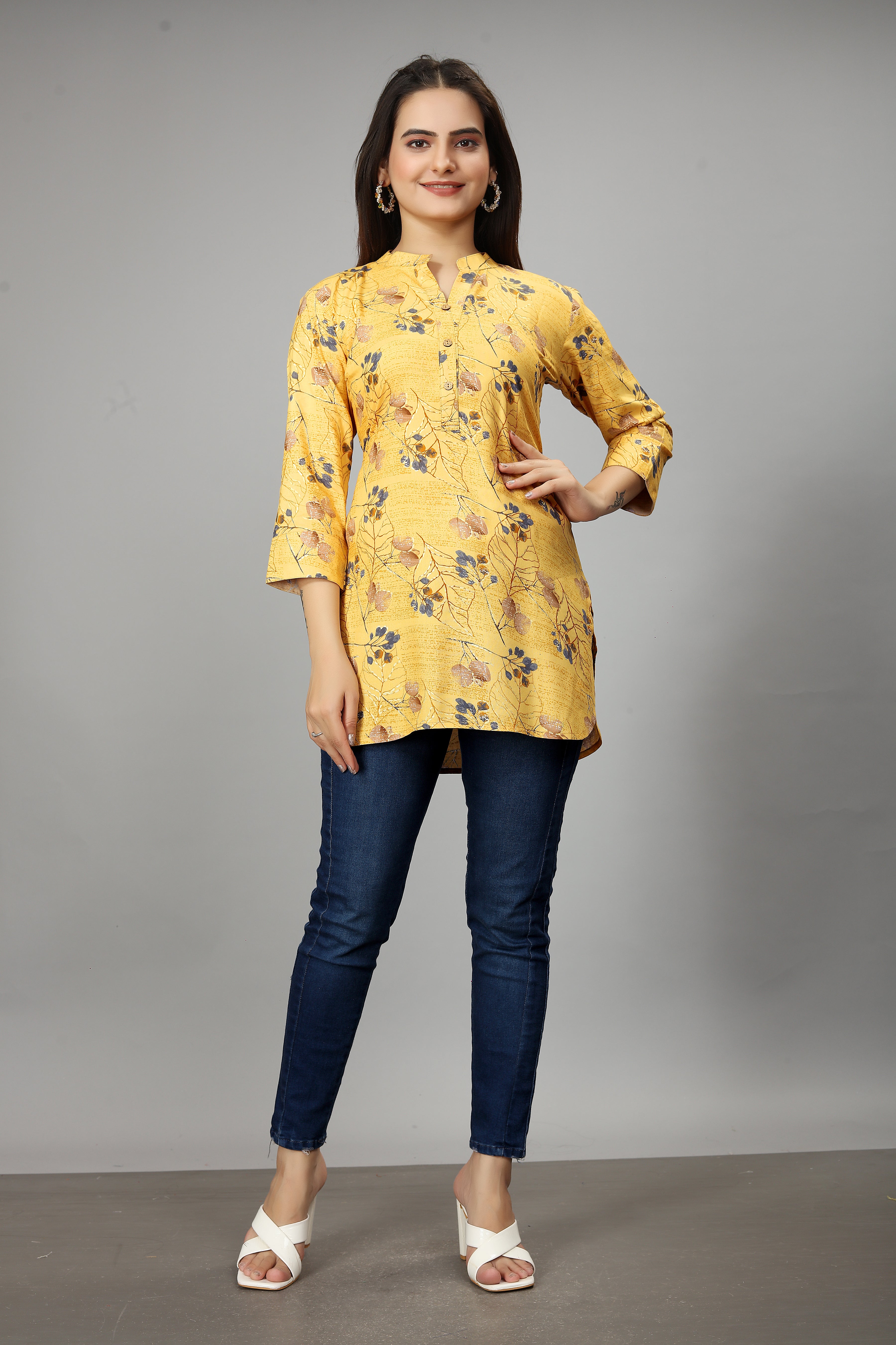women yellow mandarin neck straight kurti