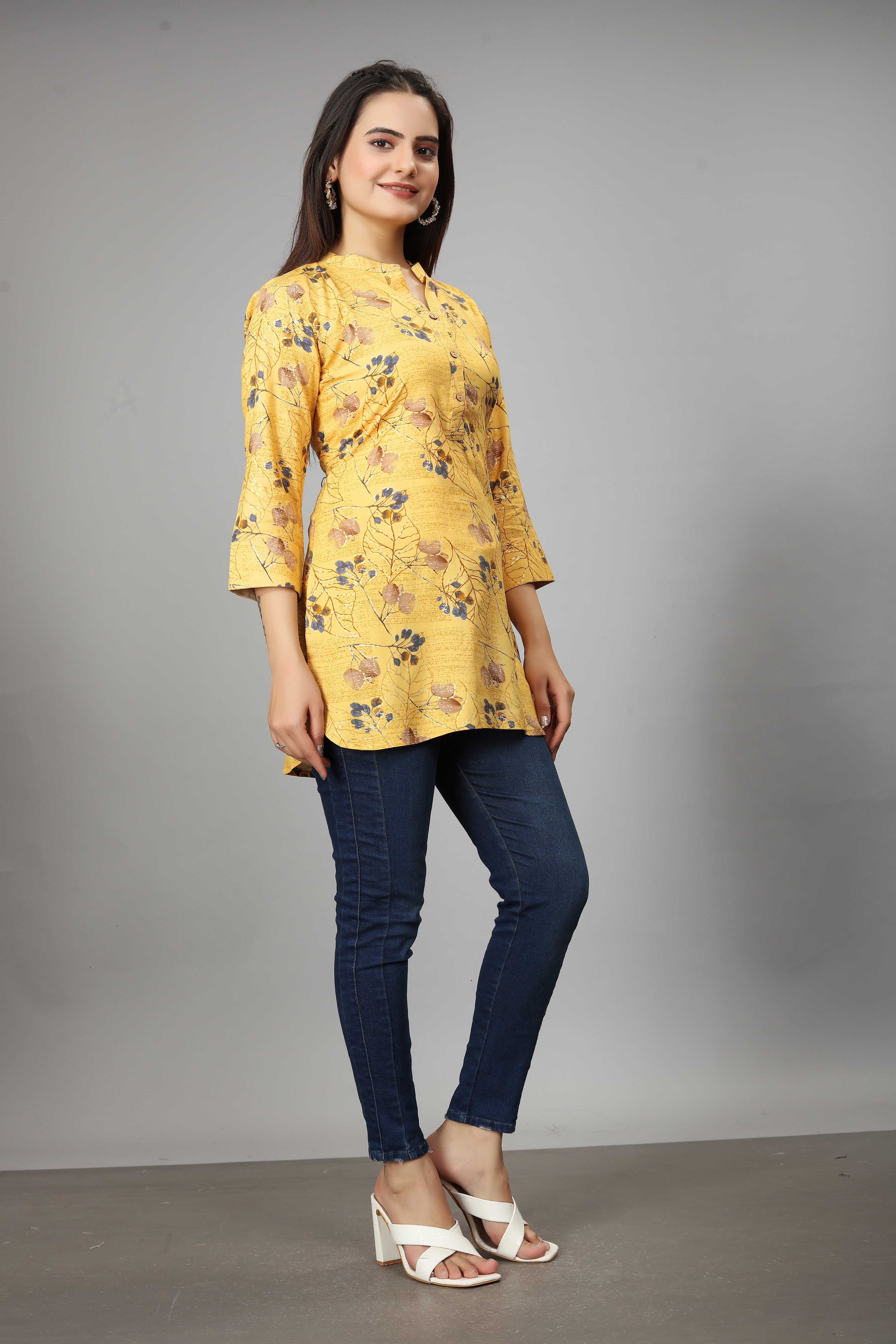 women yellow mandarin neck straight kurti