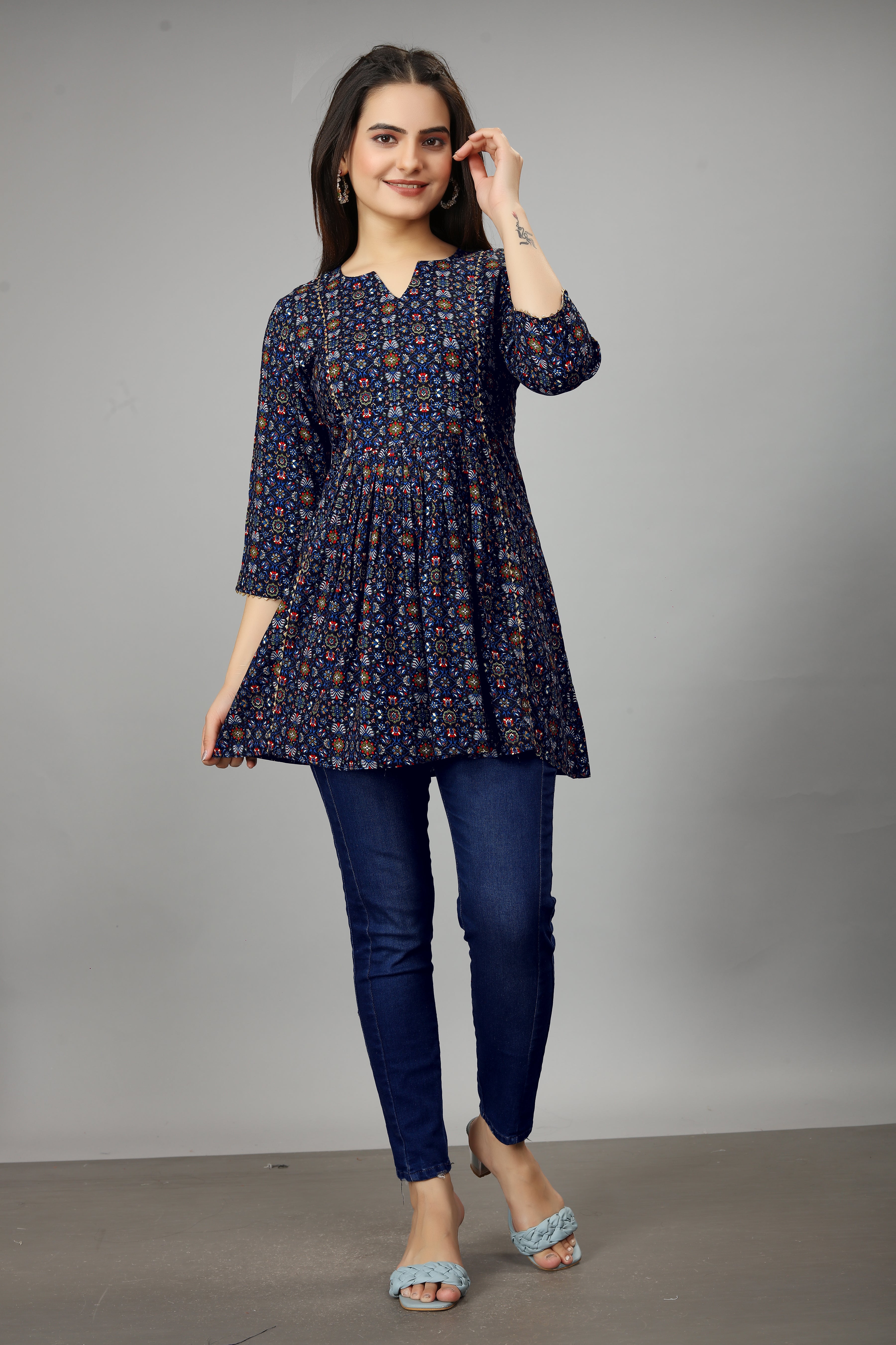 women navy blue notch neck flared kurti