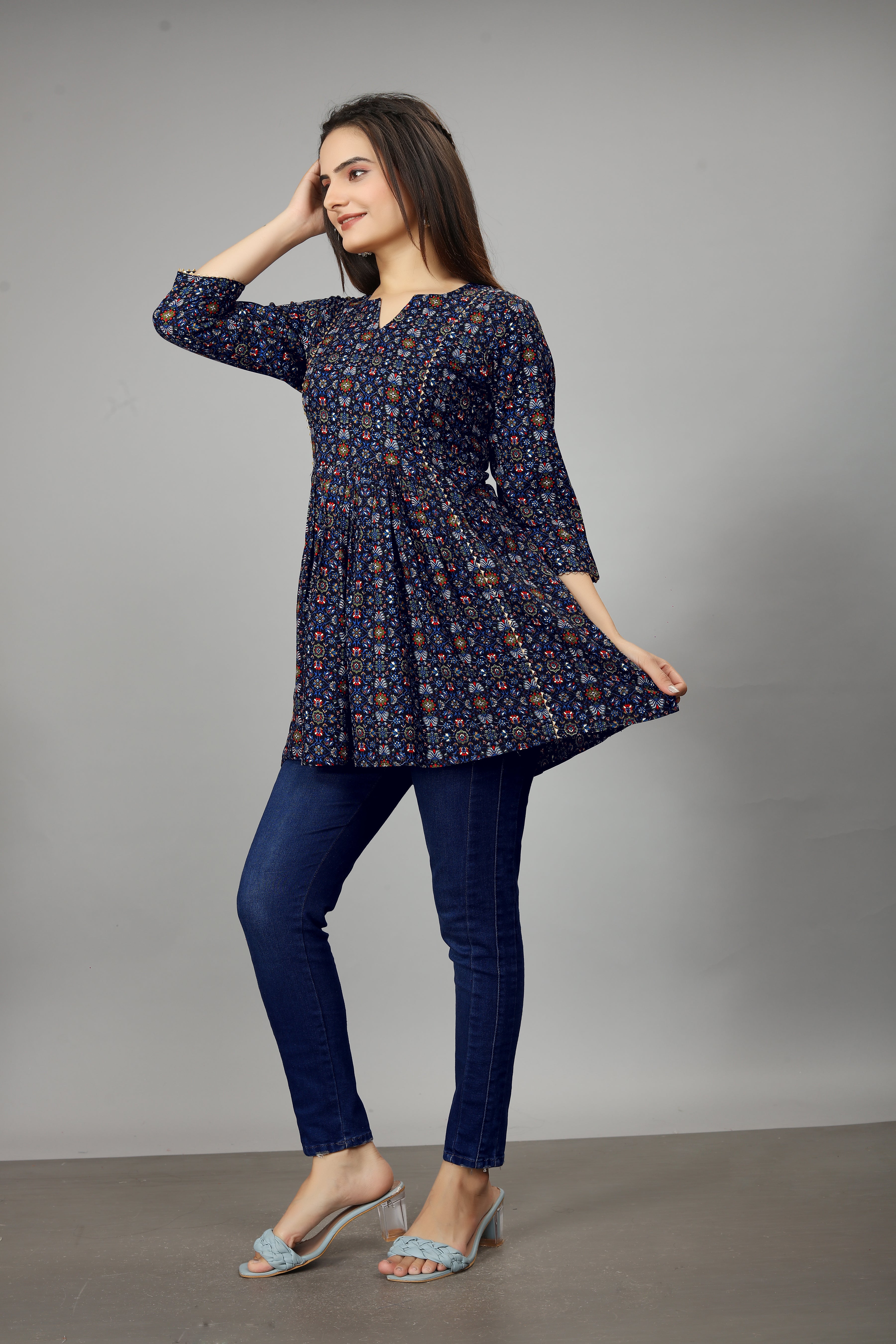 women navy blue notch neck flared kurti
