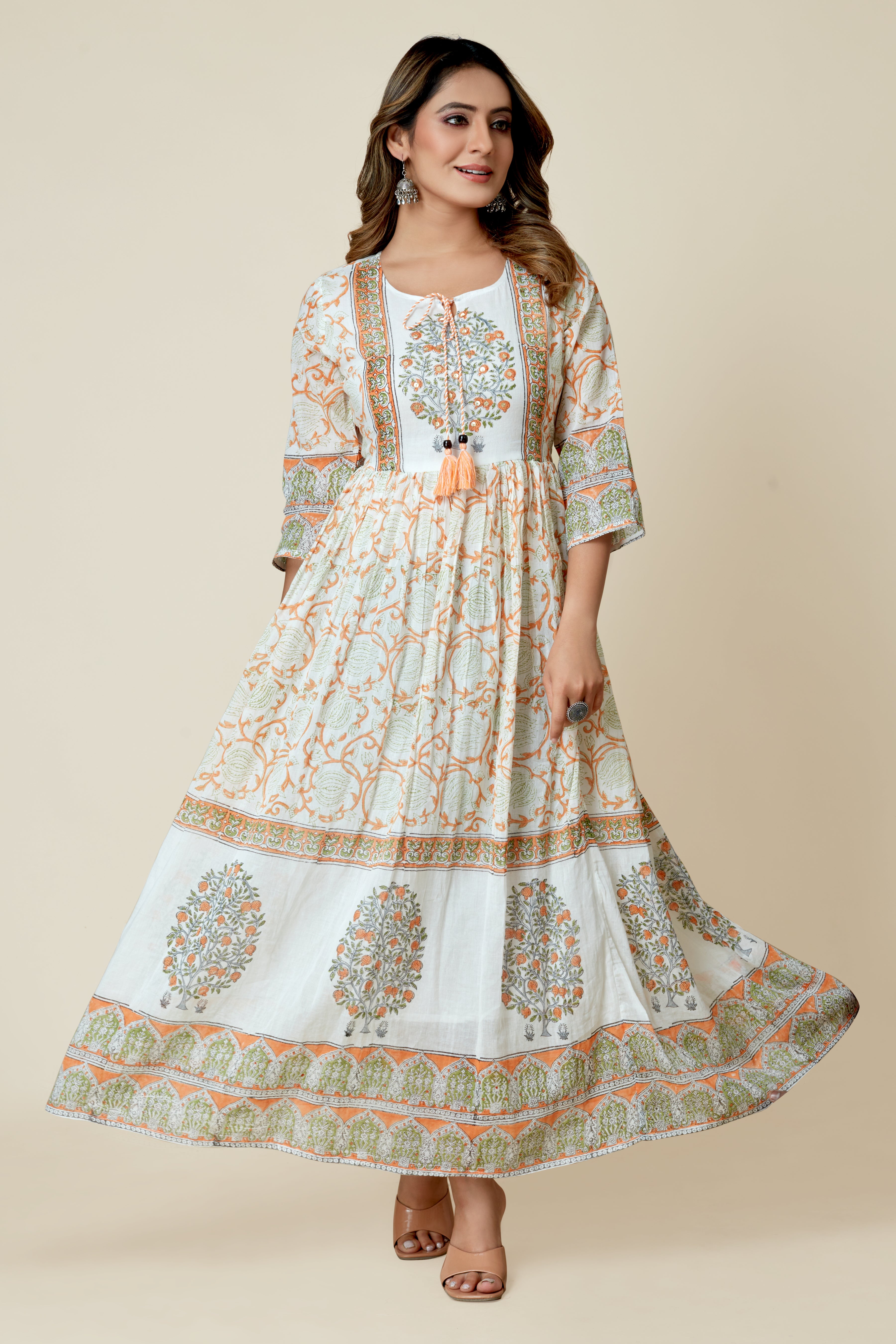 white three quarter sleeve flared kurta