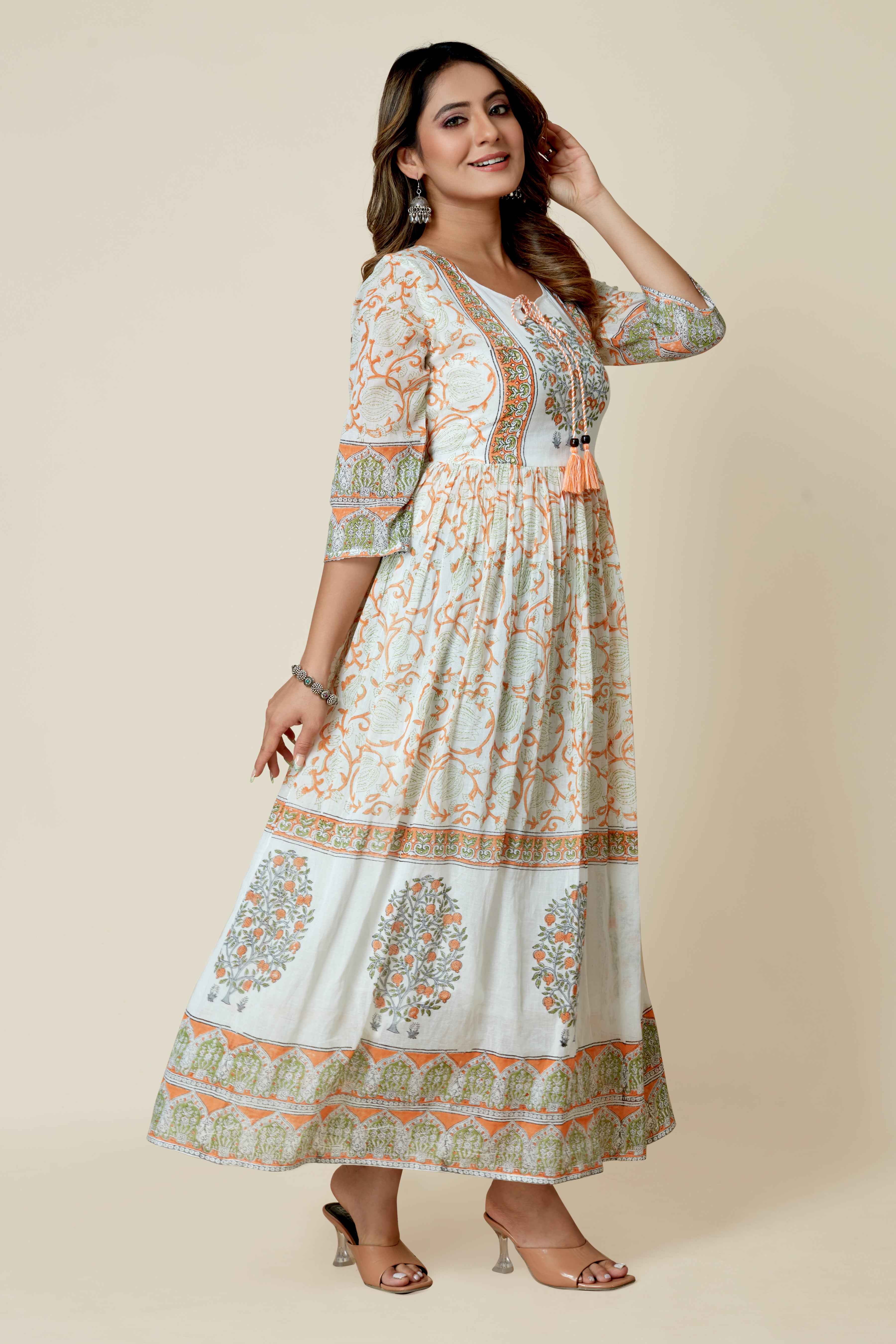 white three quarter sleeve flared kurta