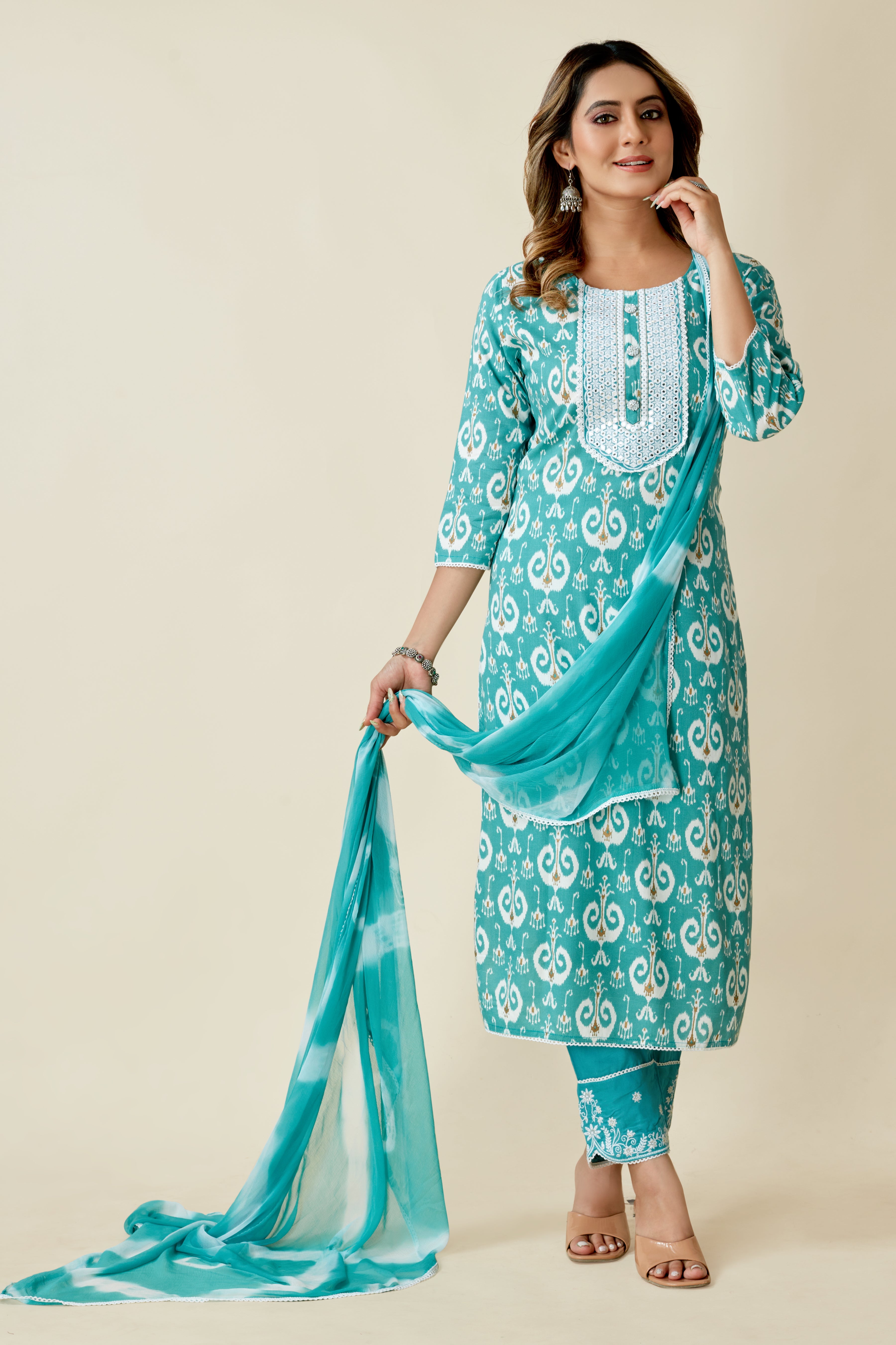 women turquoise kurta pant set with dupatta