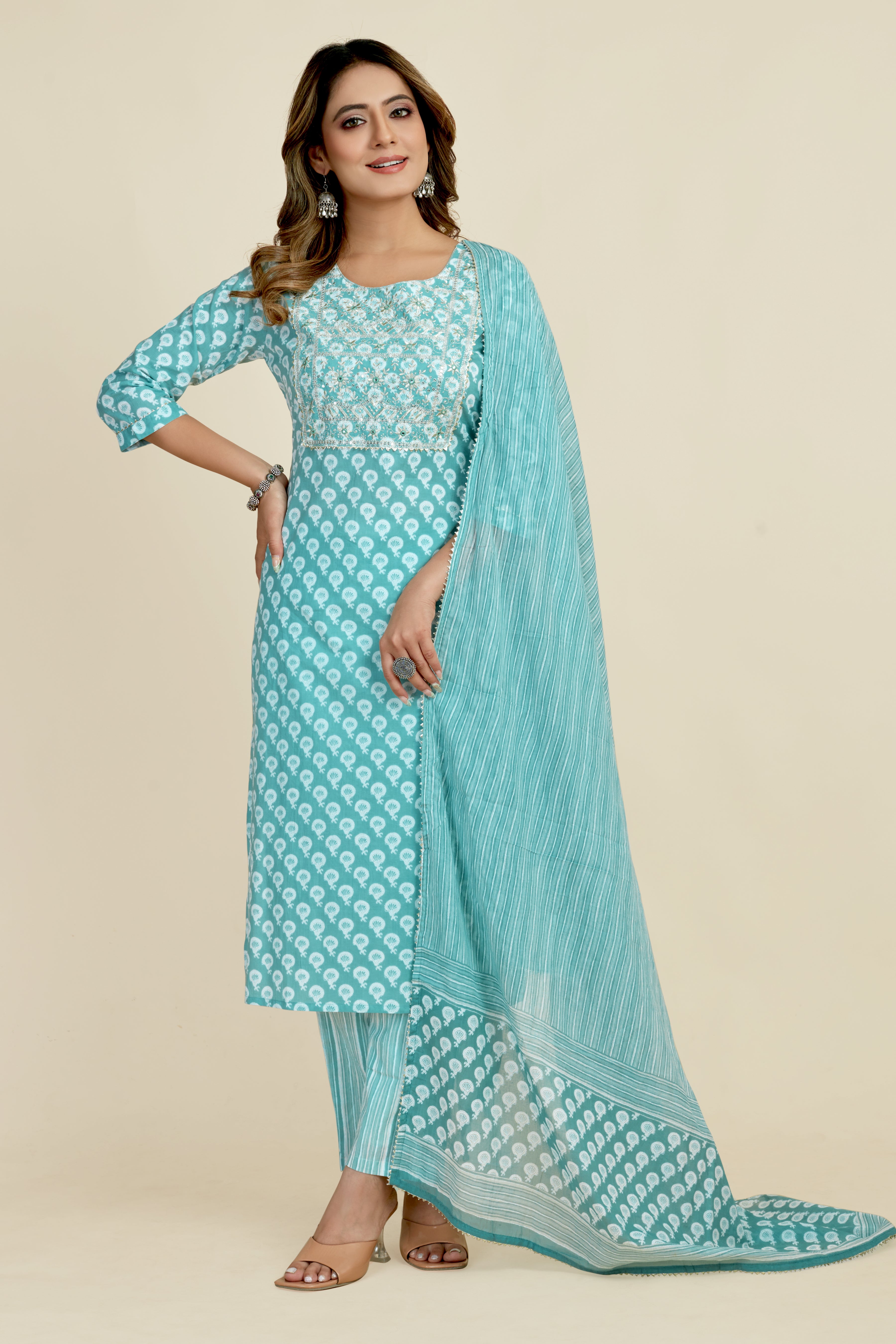 light blue colored kurta pant set