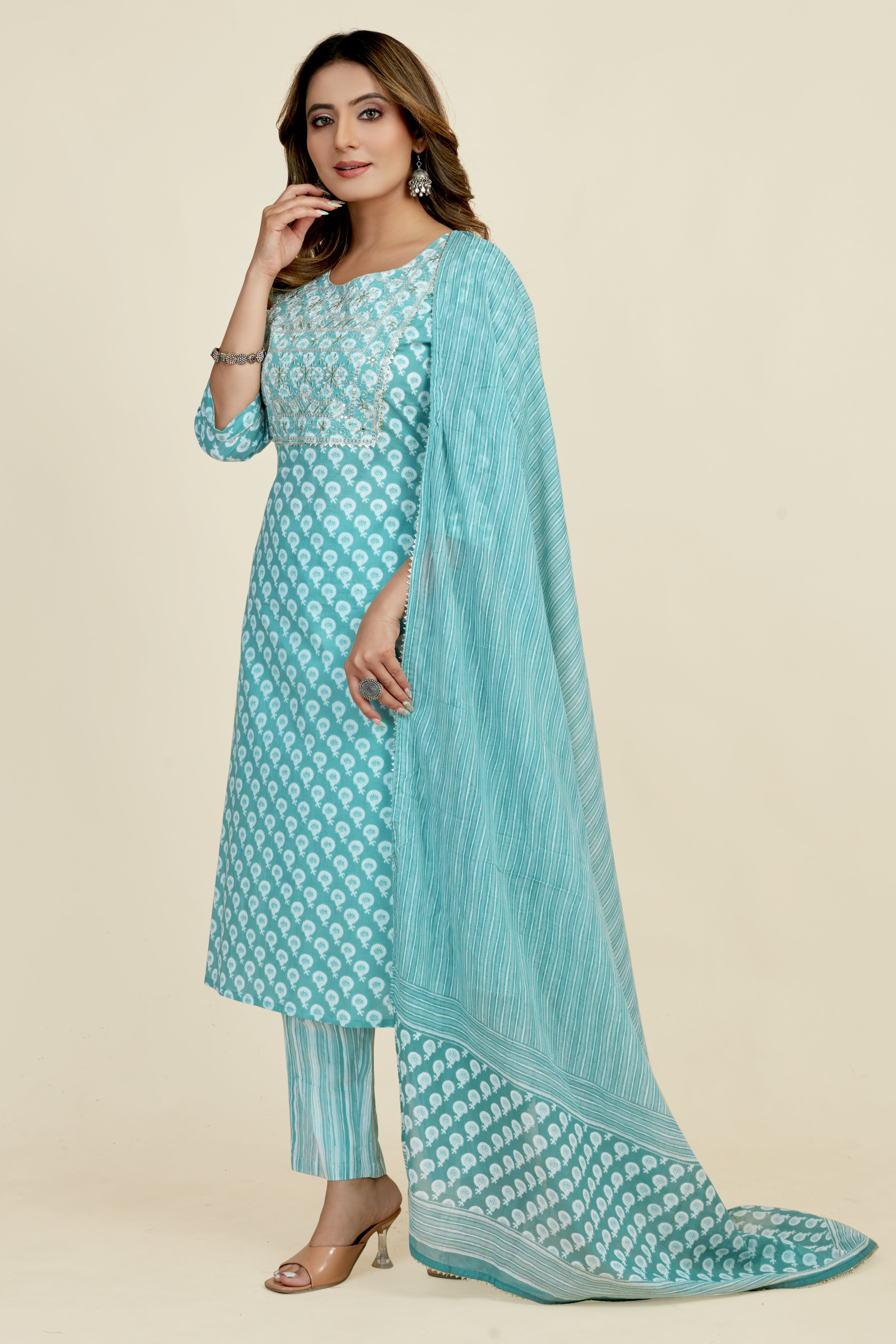 light blue colored kurta pant set