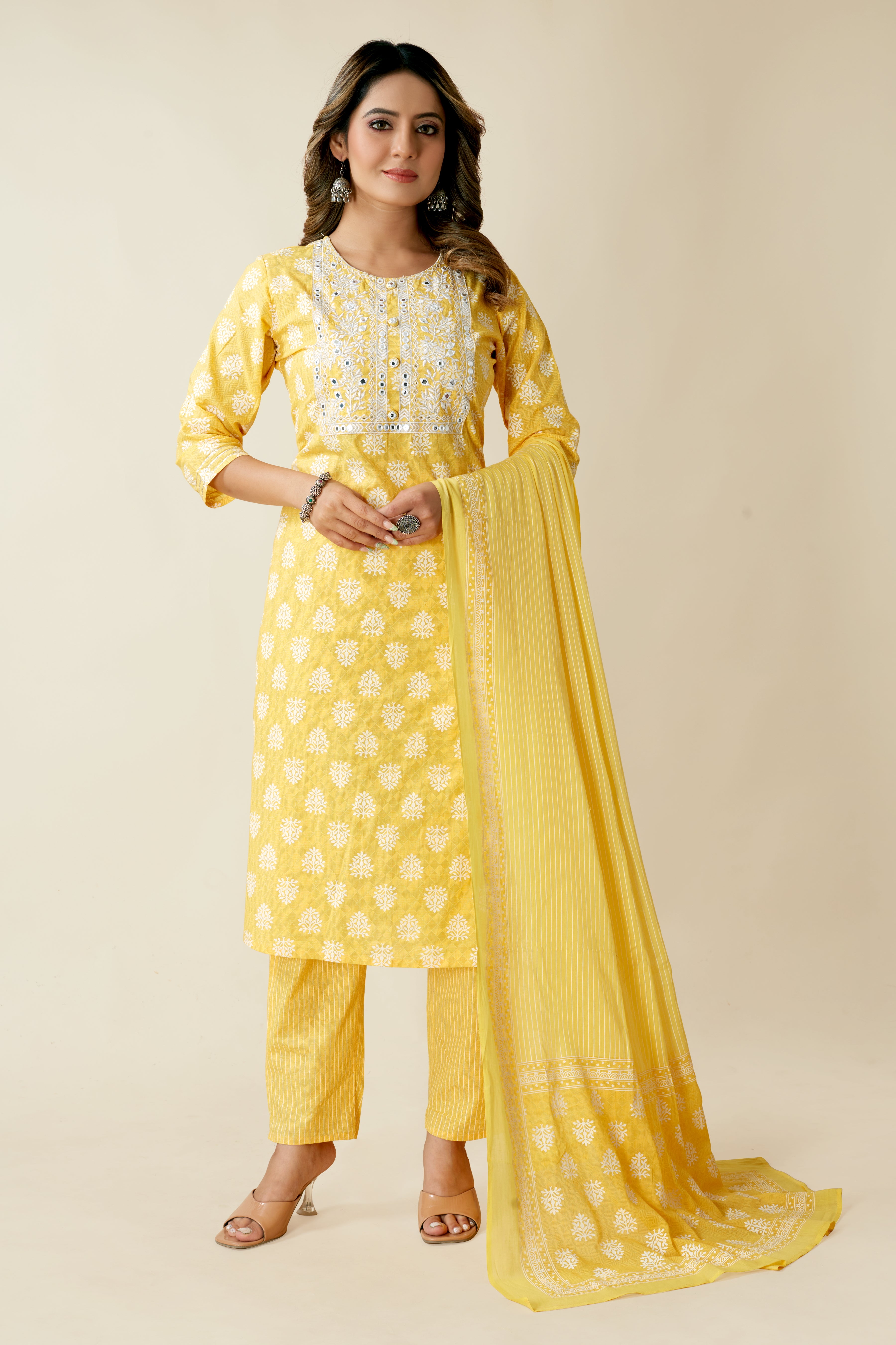 women yellow printed kurta pant set with dupatta