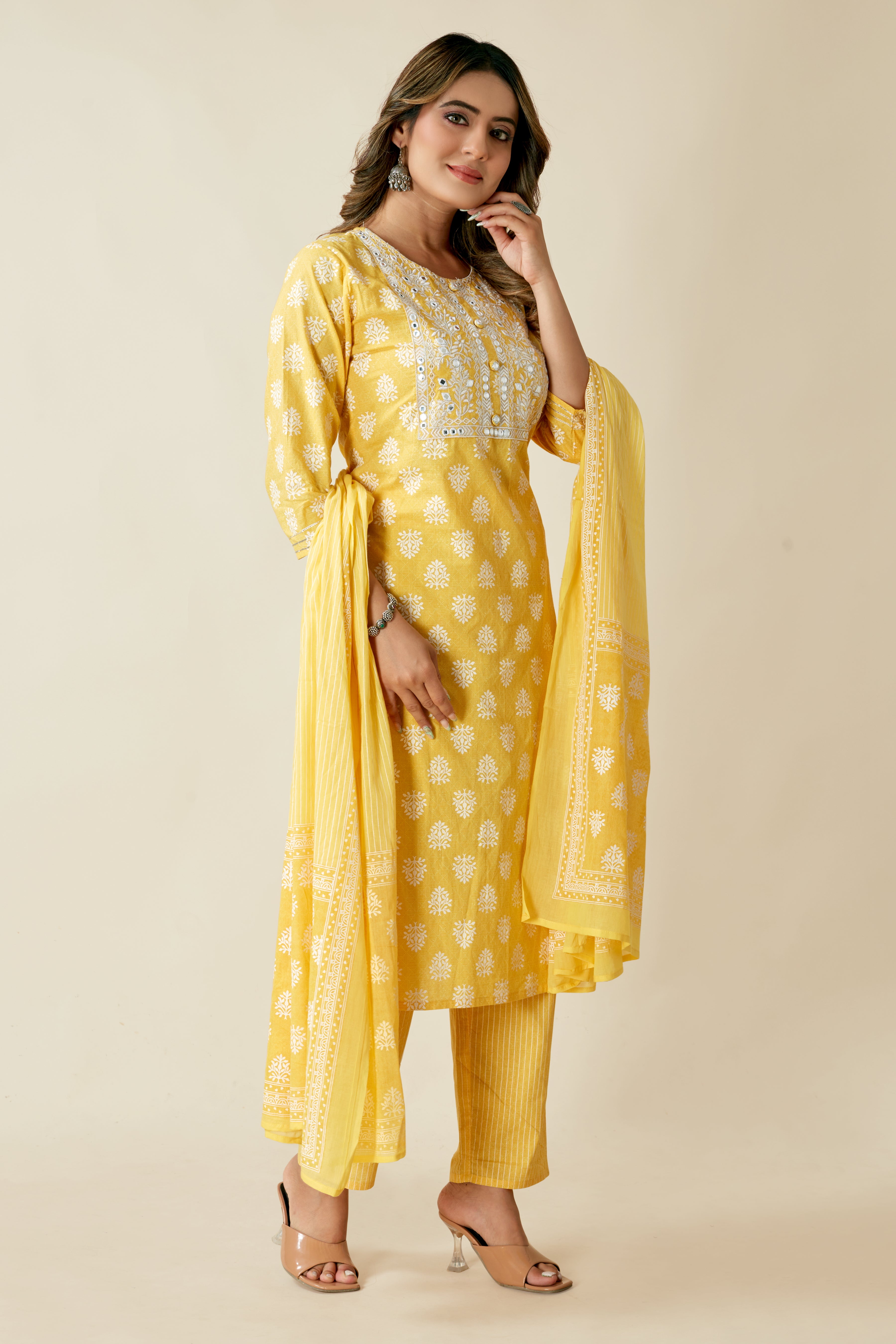 women yellow printed kurta pant set with dupatta