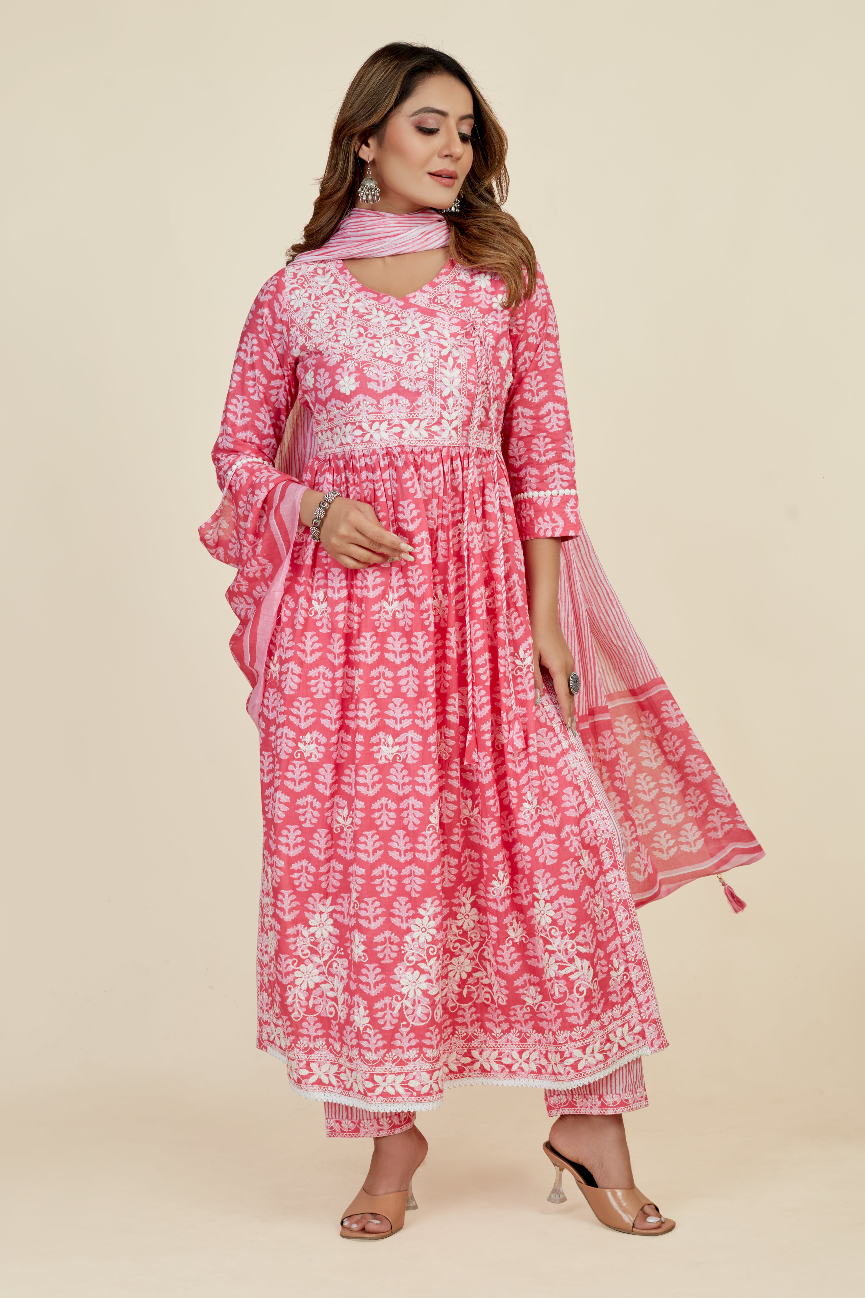 pink colored kurta pant set
