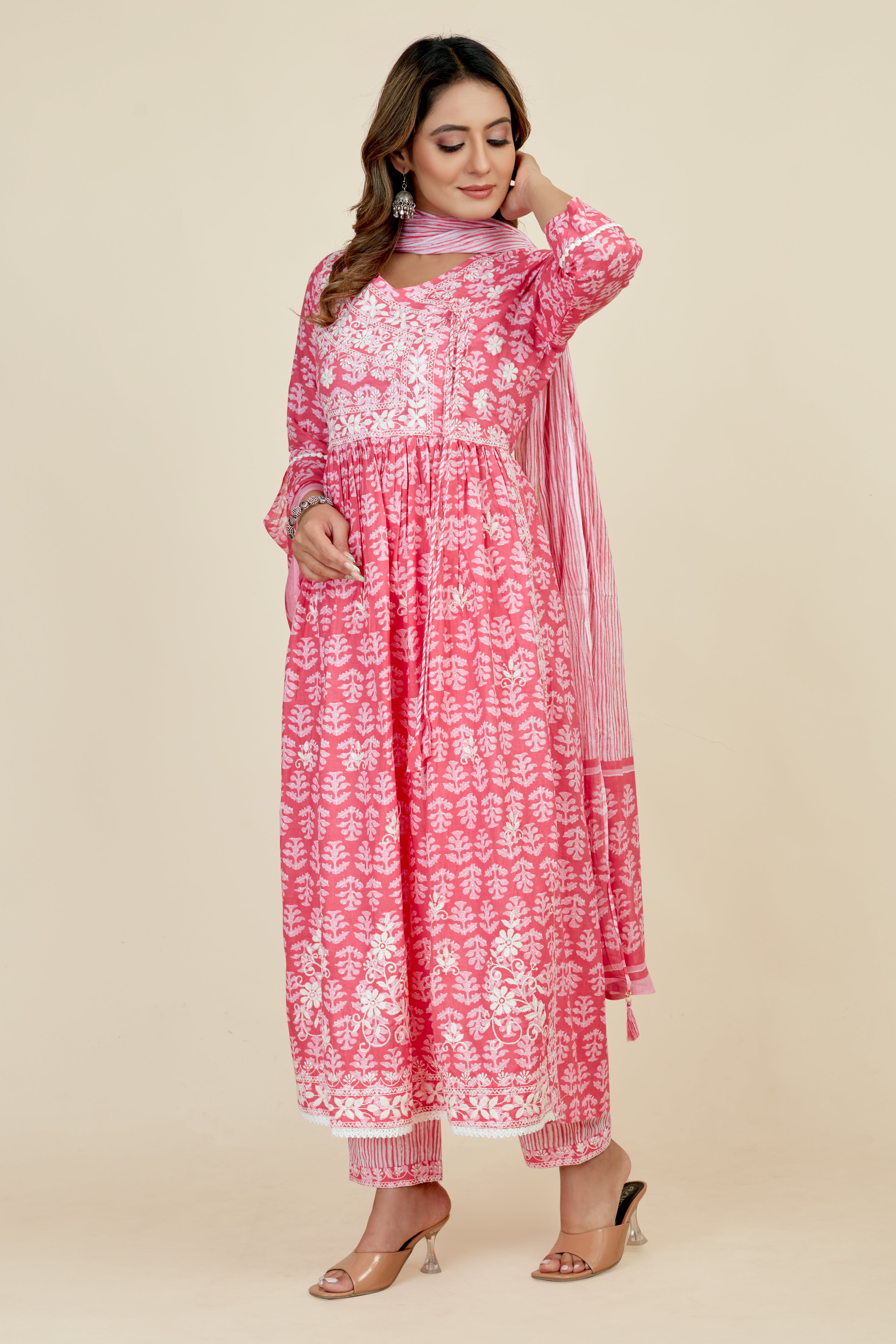 pink colored kurta pant set