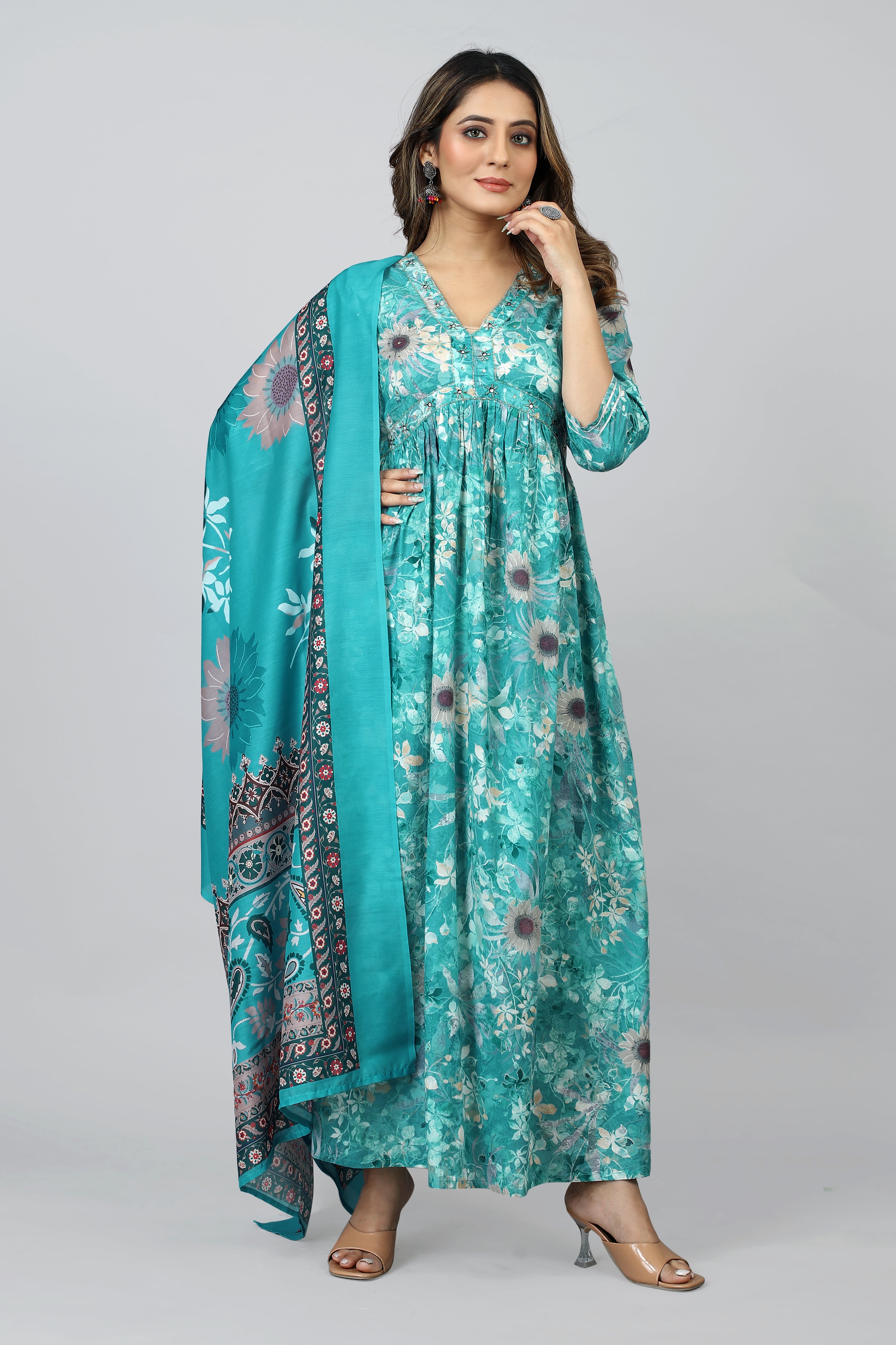 turquoise three quarter sleeve kurta pant set