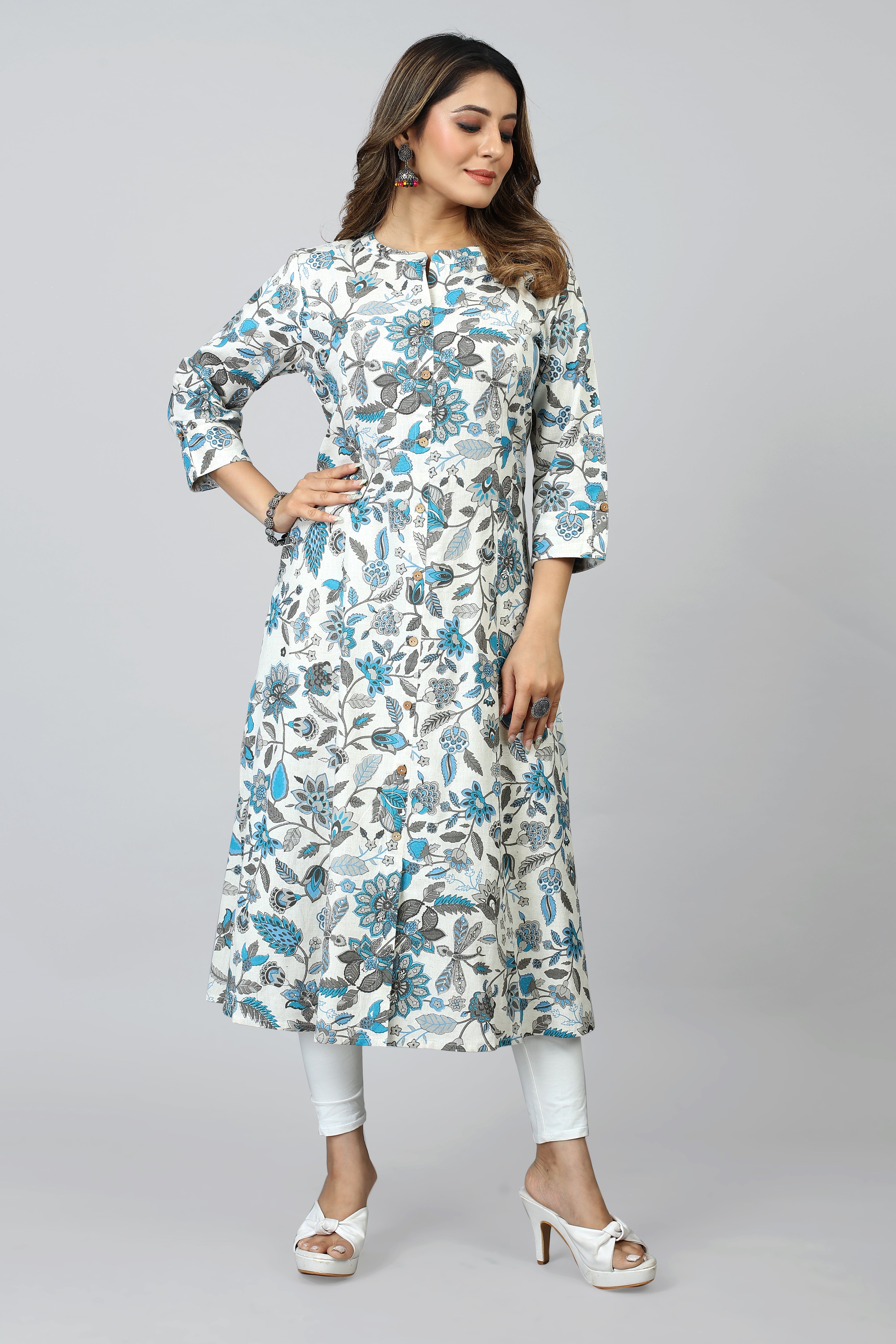 white three quarter sleeve a-line kurta