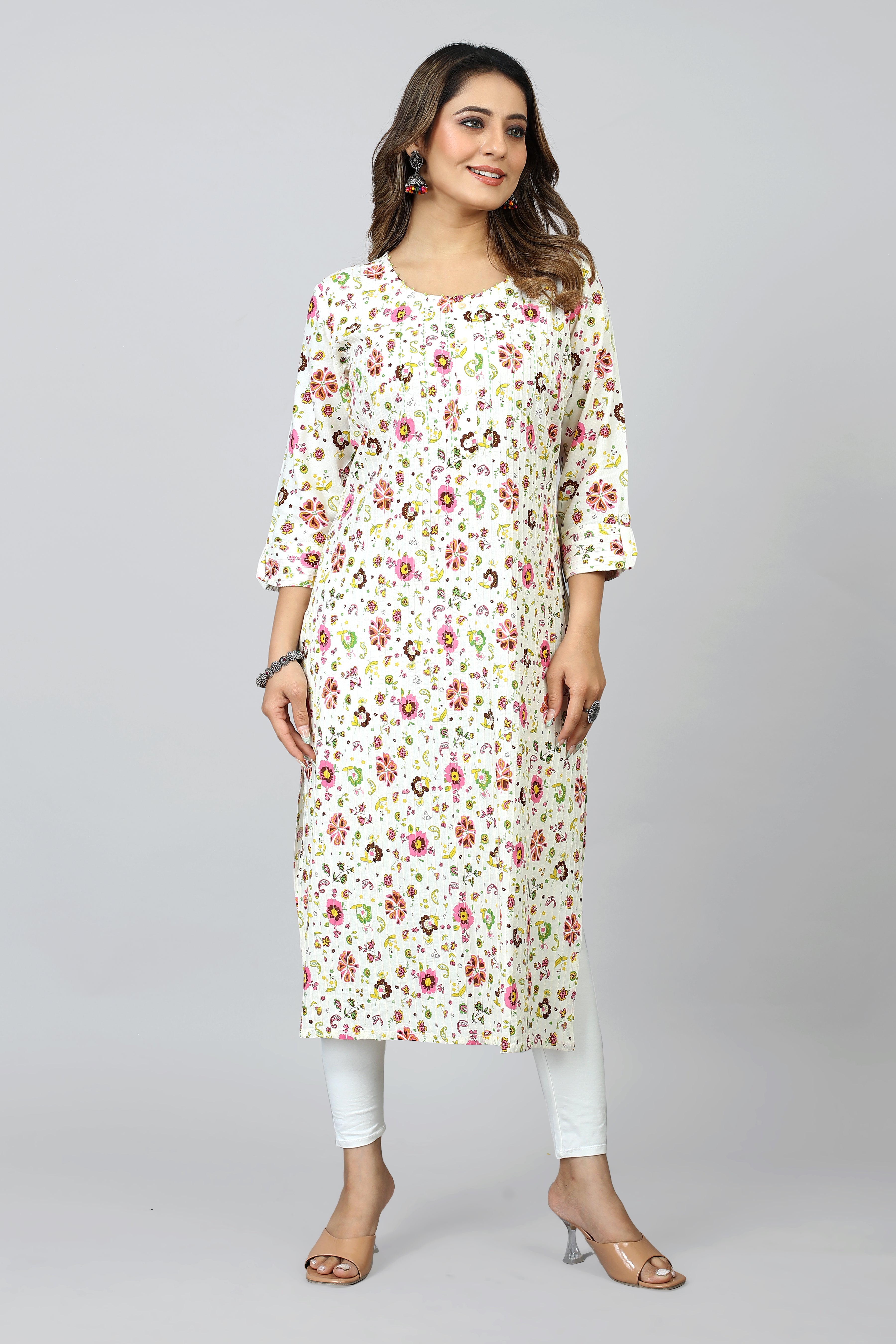 multi colored three quarter sleeve straight kurta