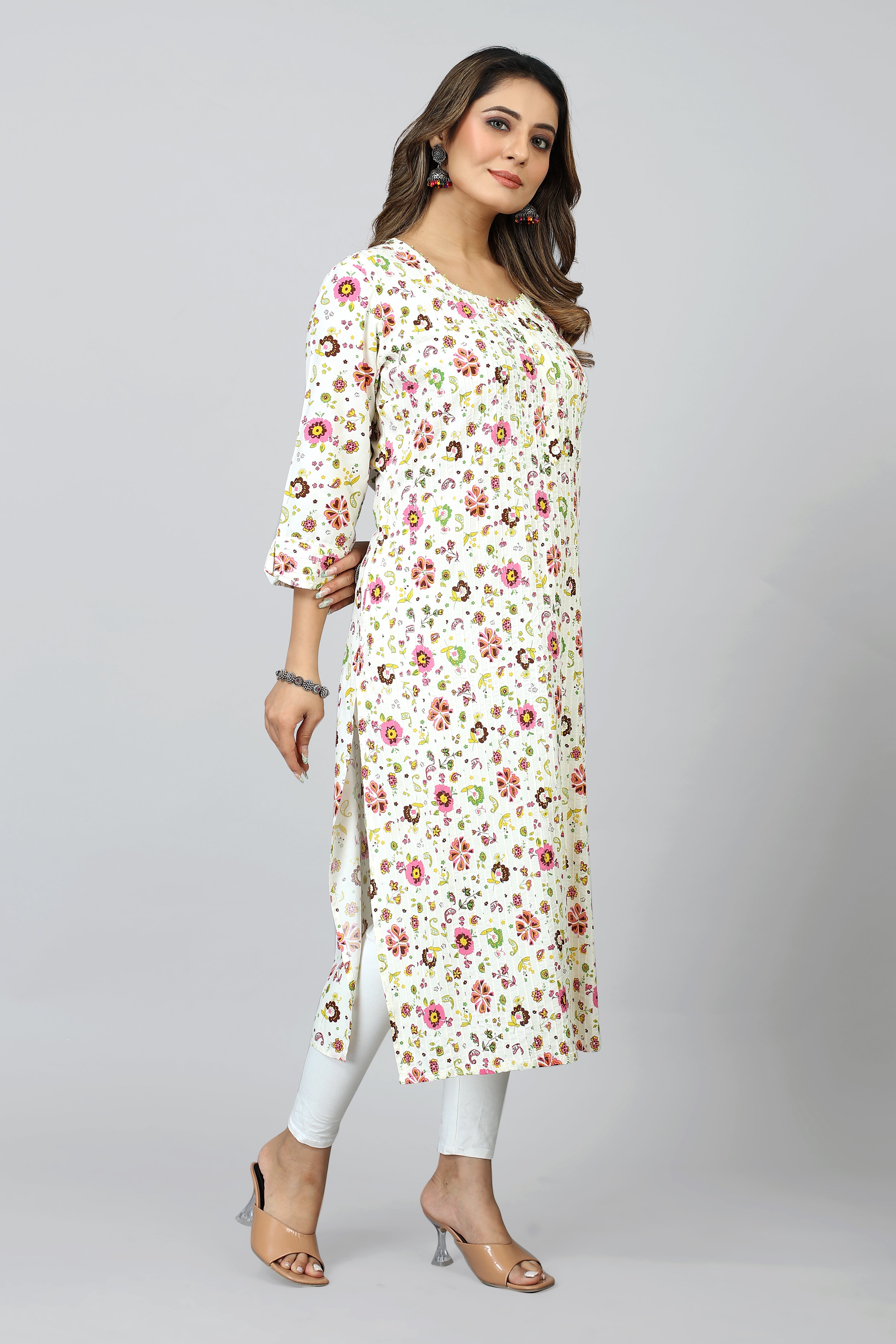 multi colored three quarter sleeve straight kurta
