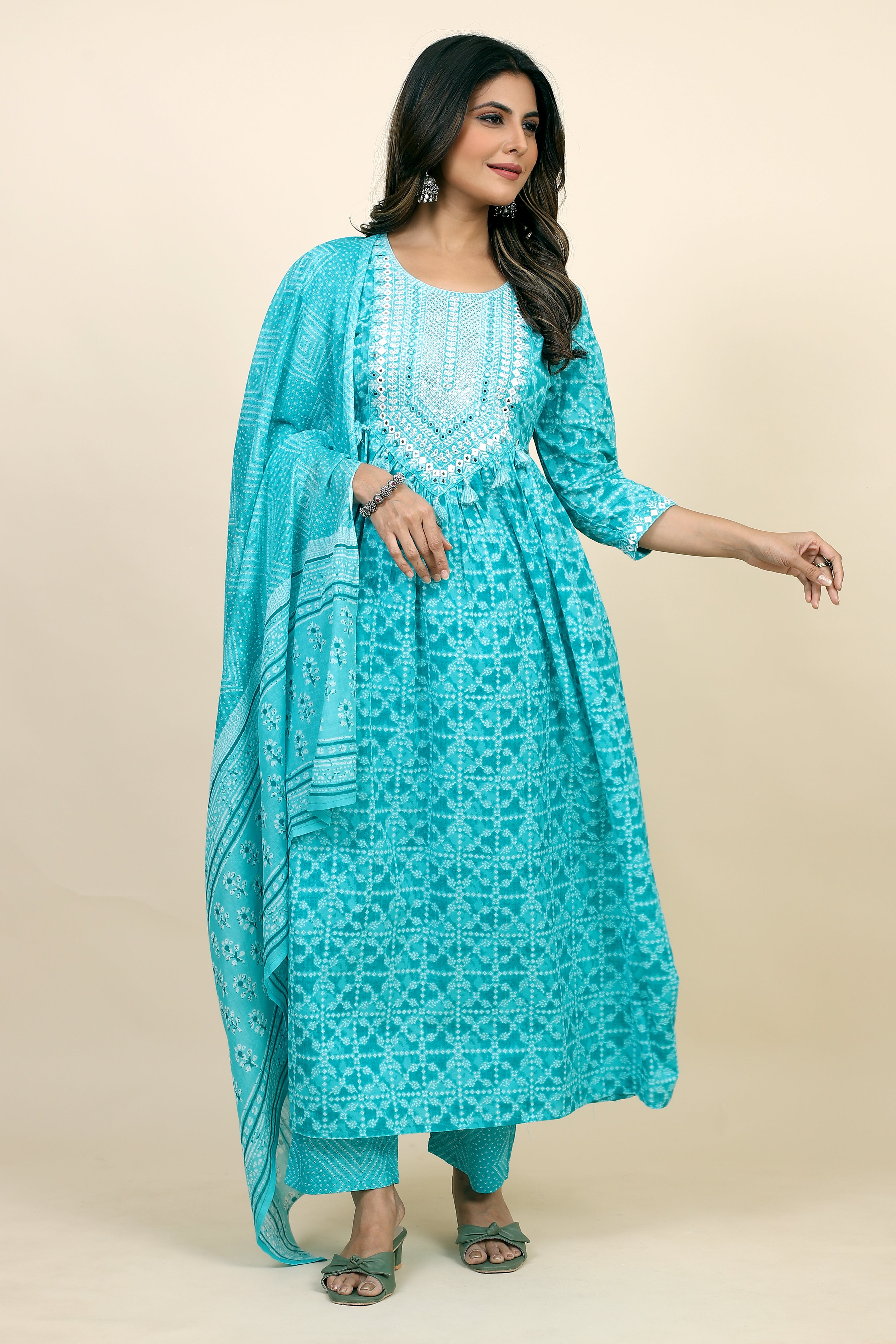women light blue printed kurta pant set with dupatta