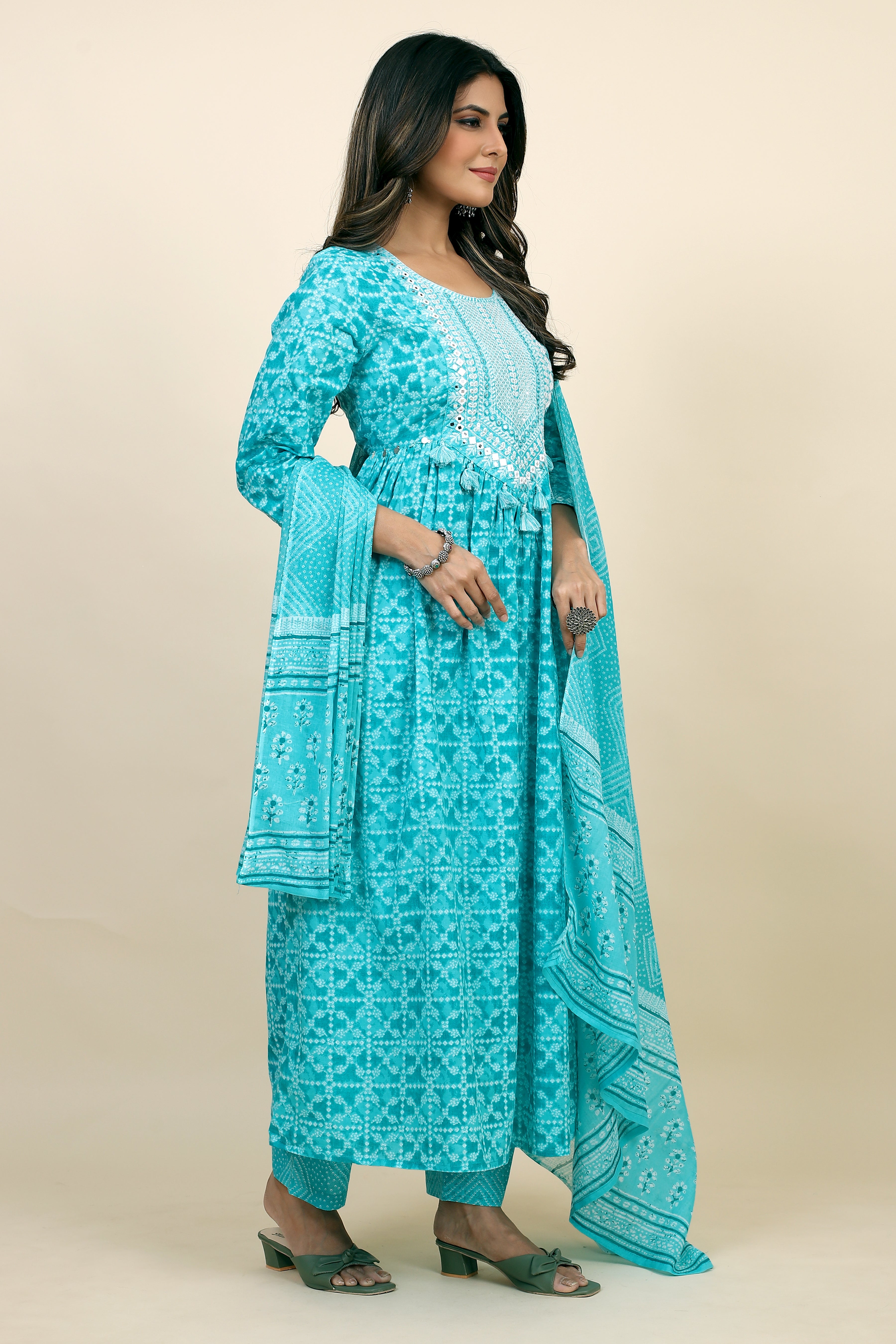 women light blue printed kurta pant set with dupatta