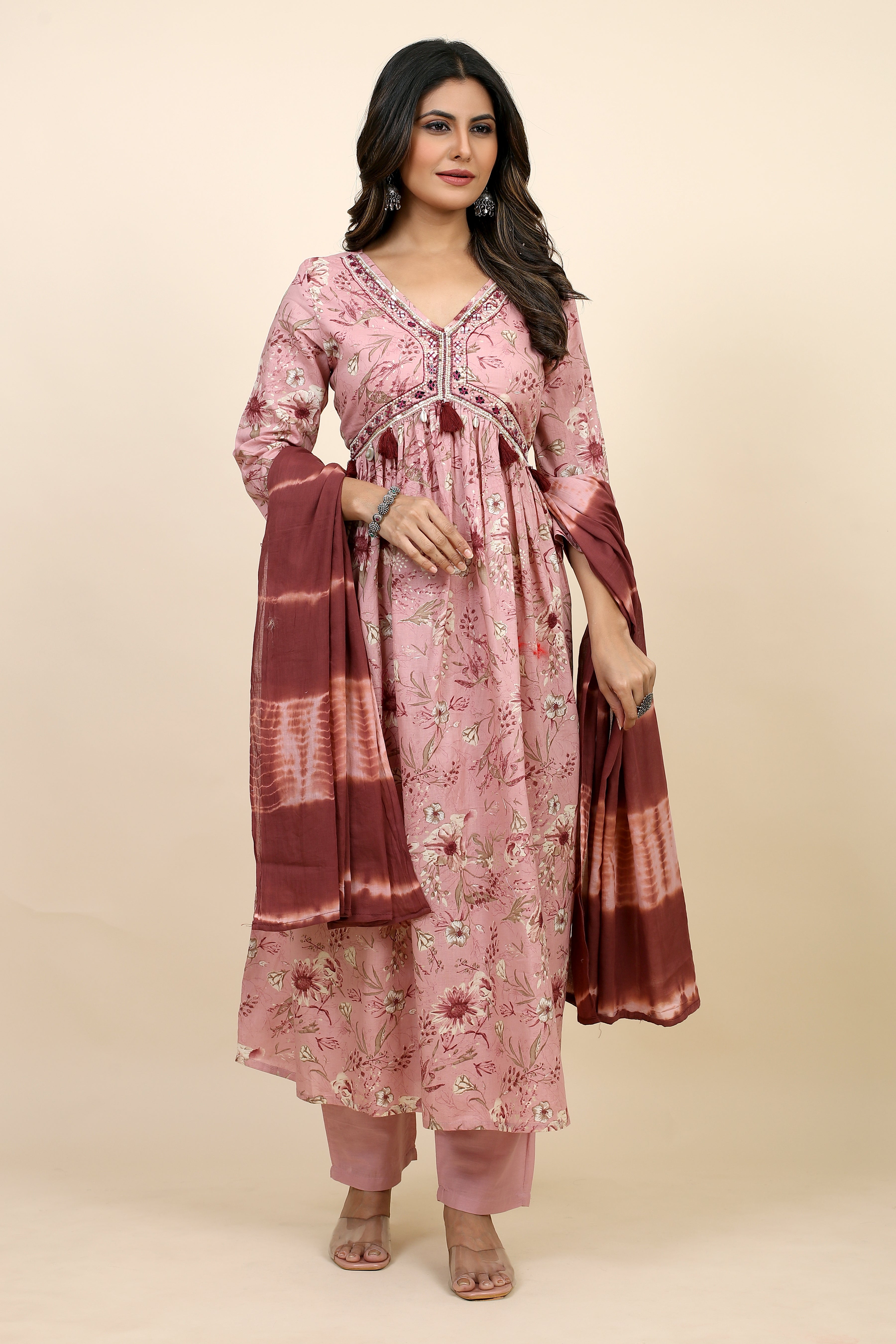 women pink kurta pant set with dupatta