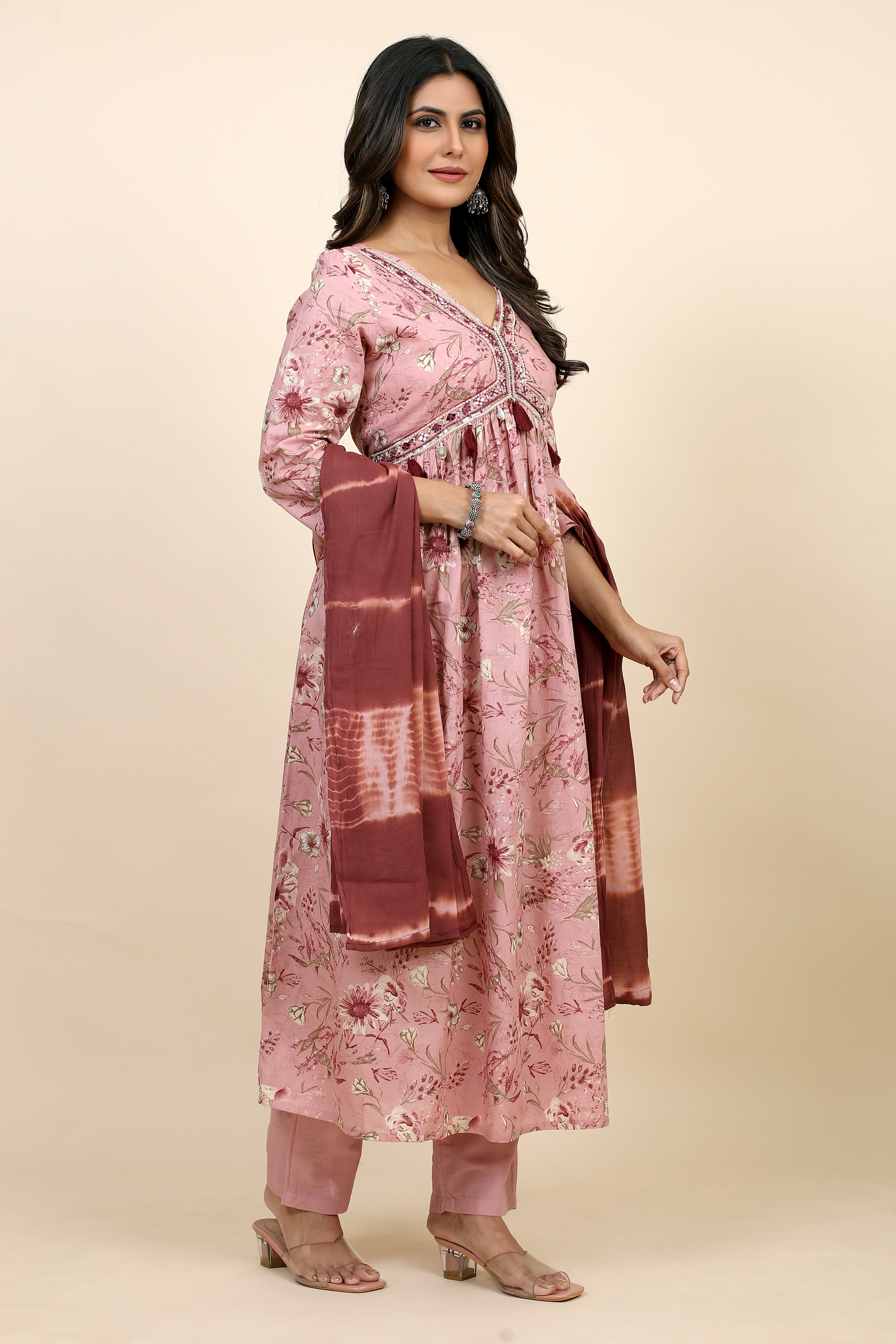 women pink kurta pant set with dupatta