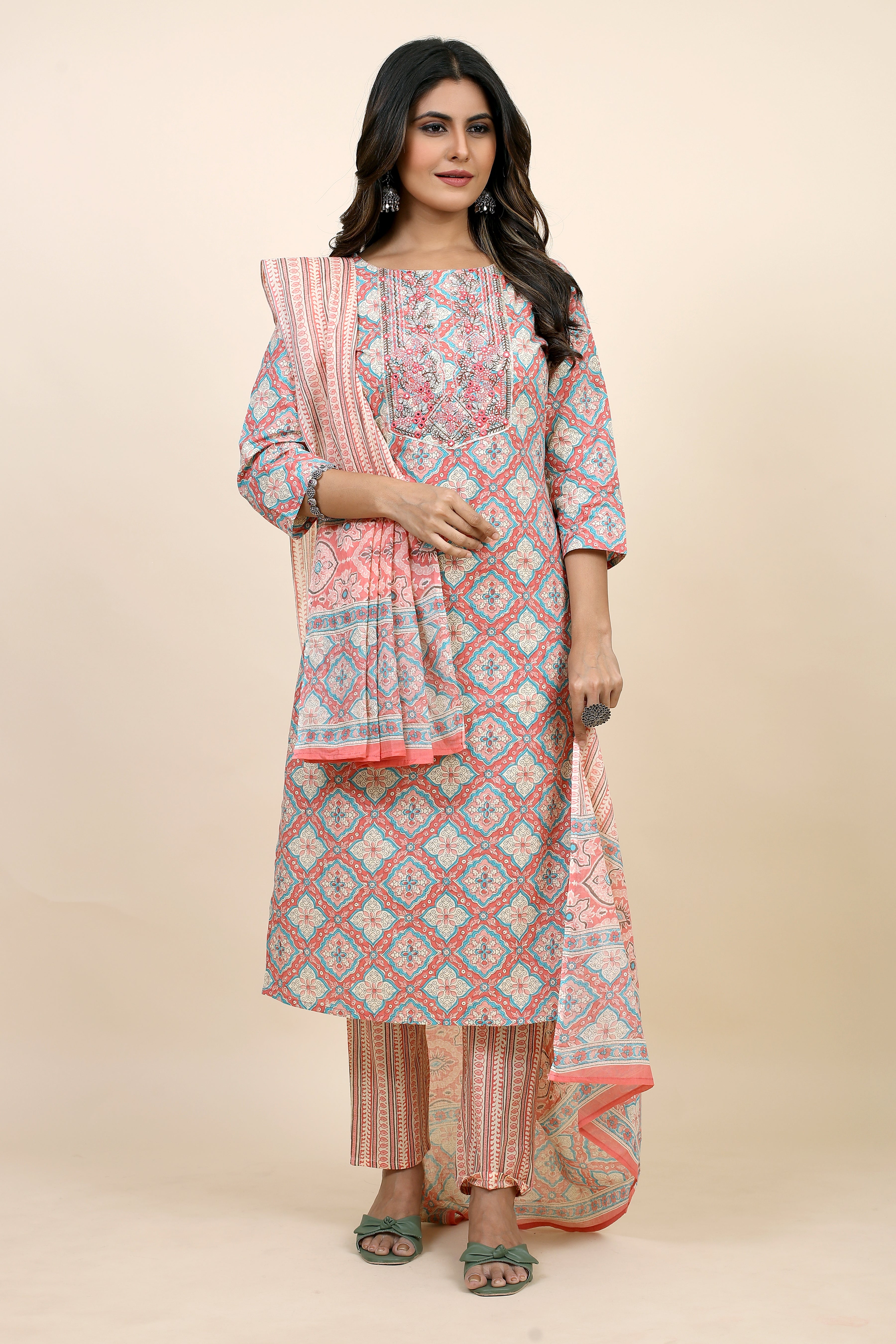 pink colored kurta pant set