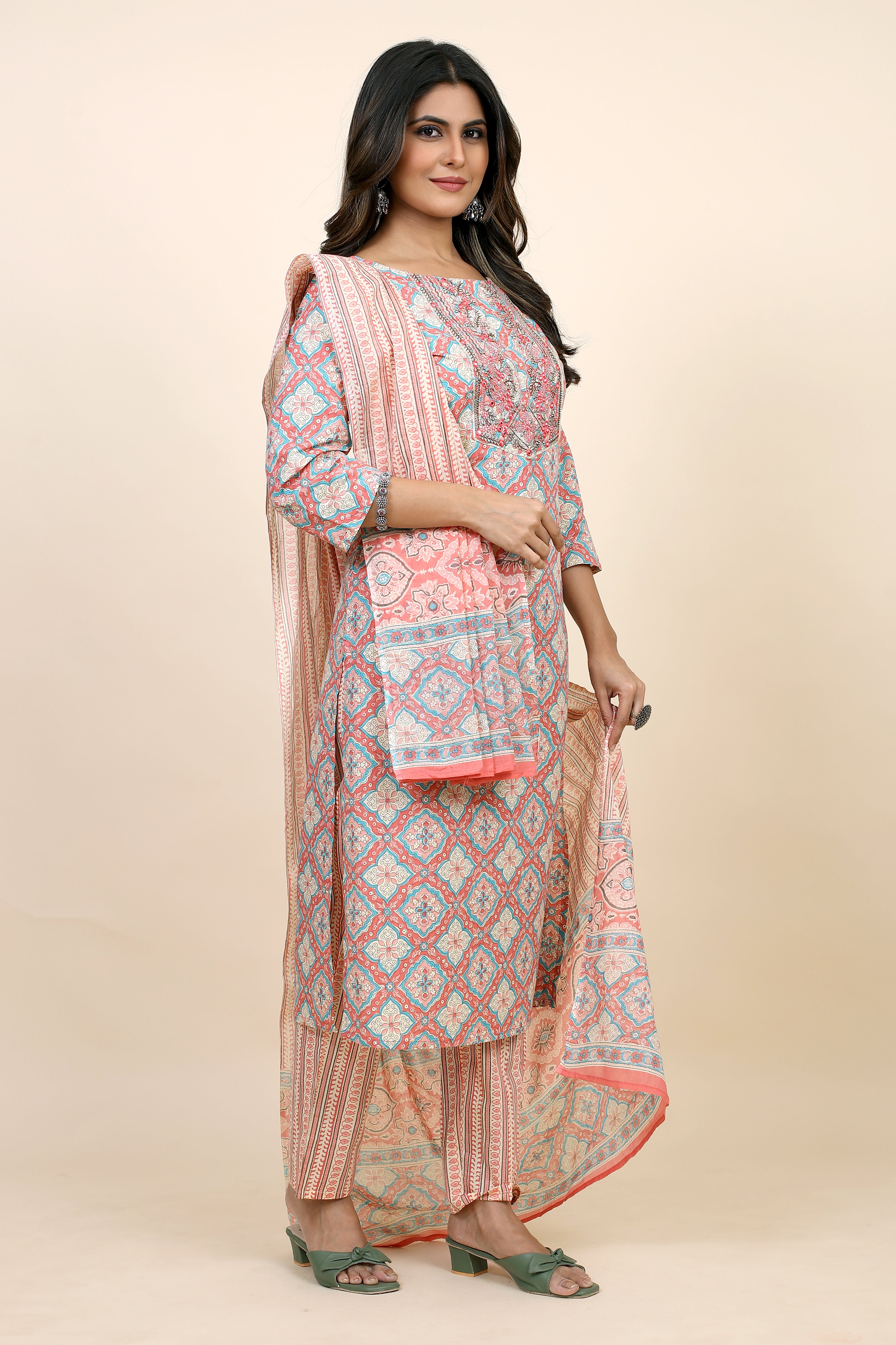 pink colored kurta pant set