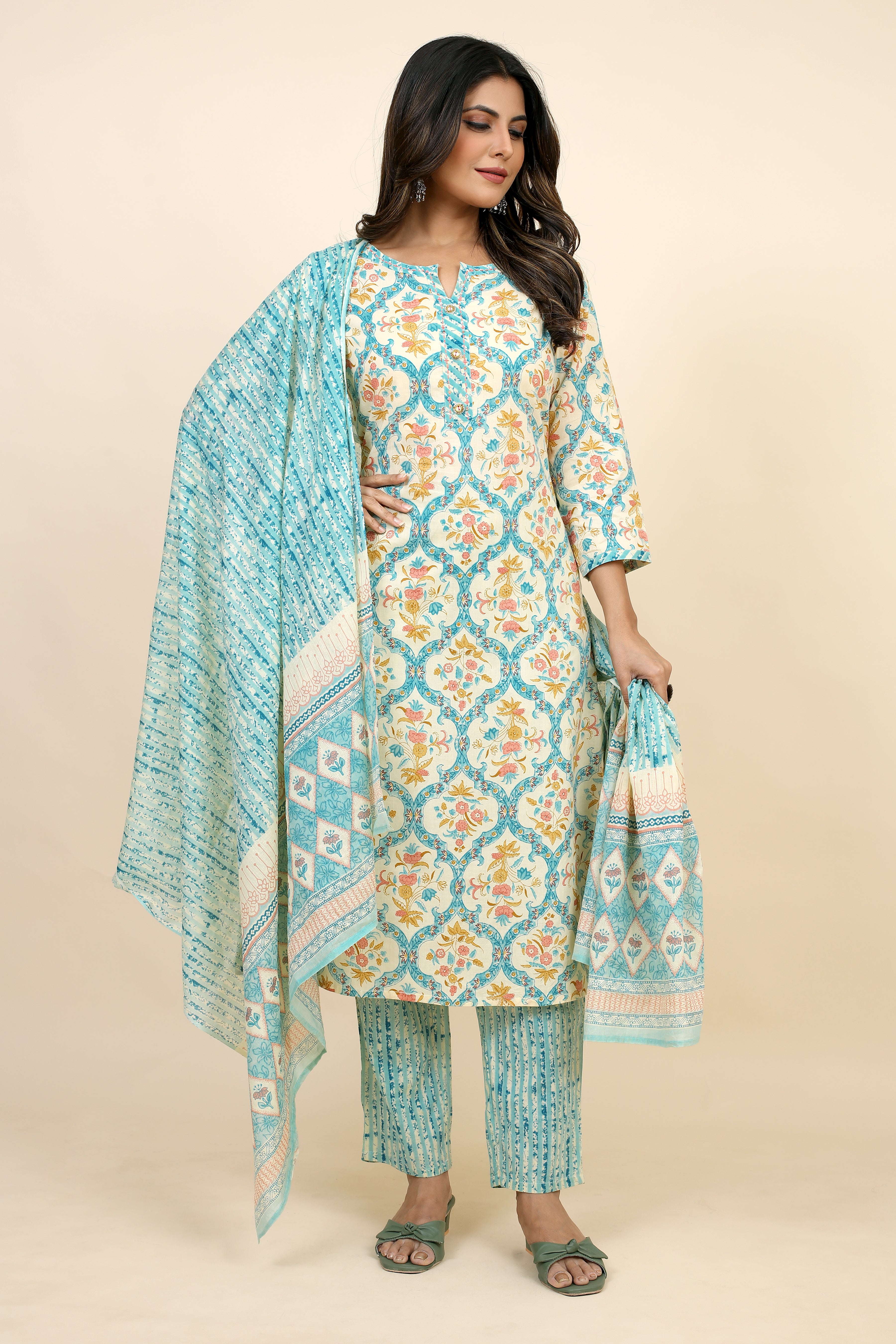 light blue colored kurta pant set