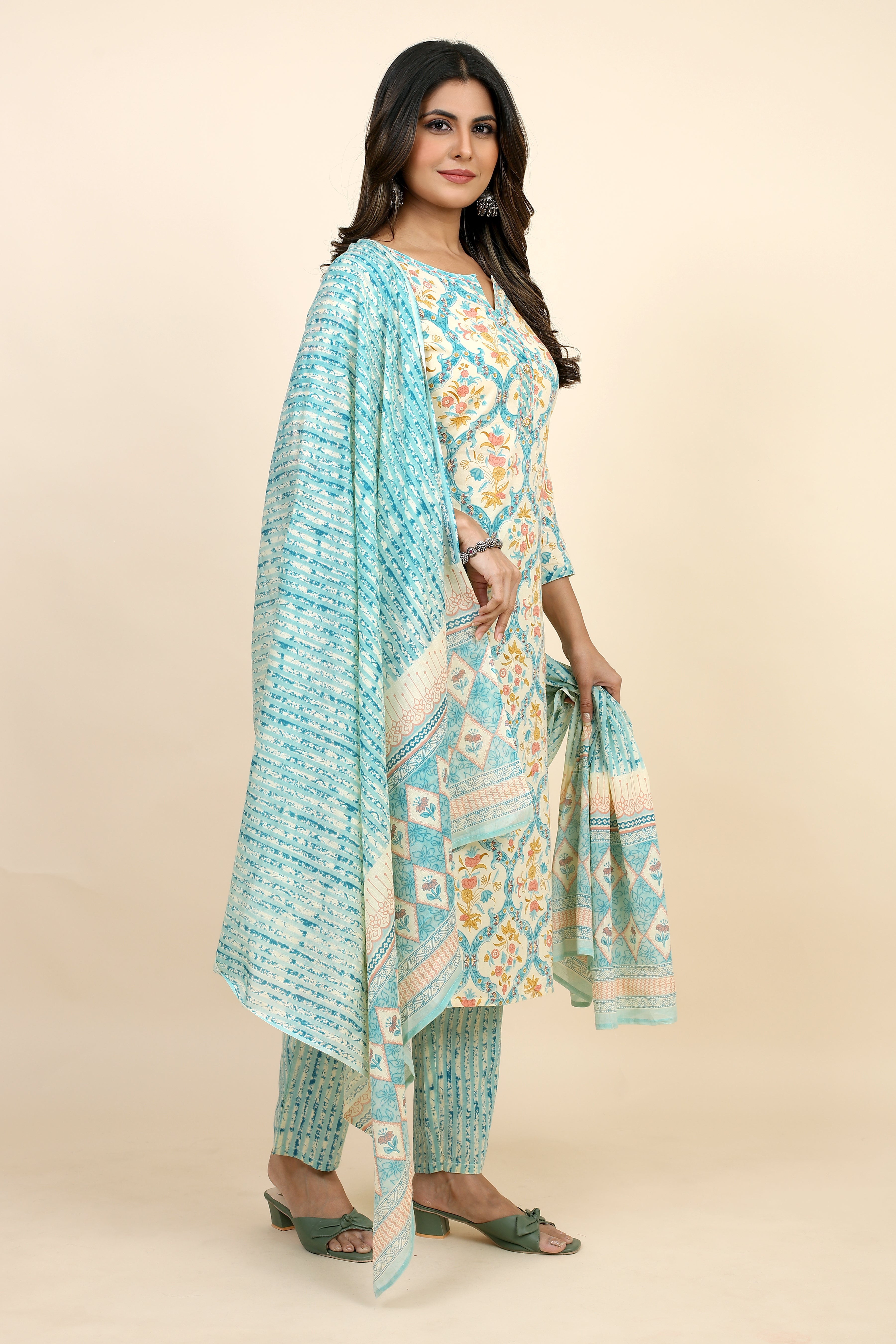 light blue colored kurta pant set