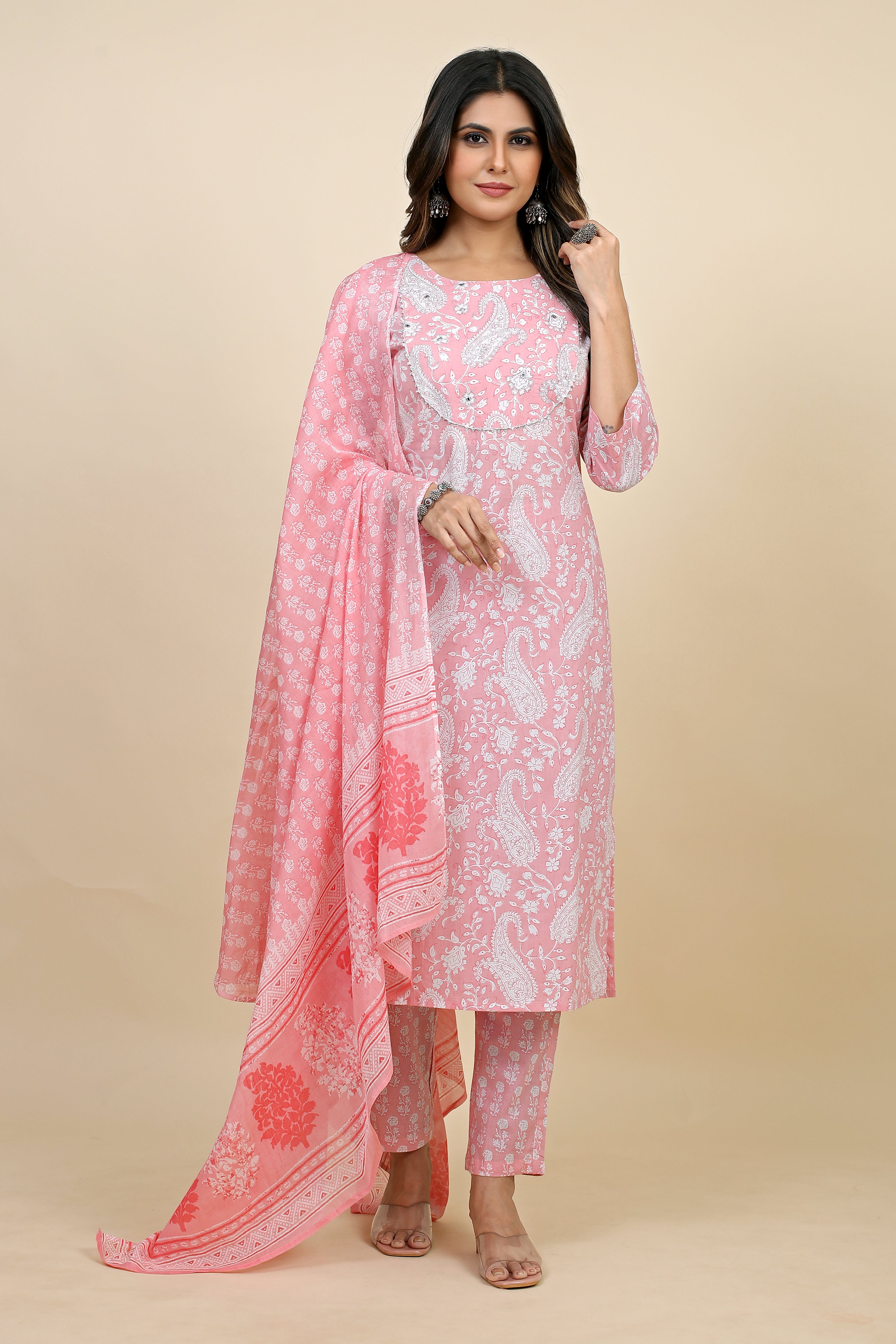 pink colored kurta pant set
