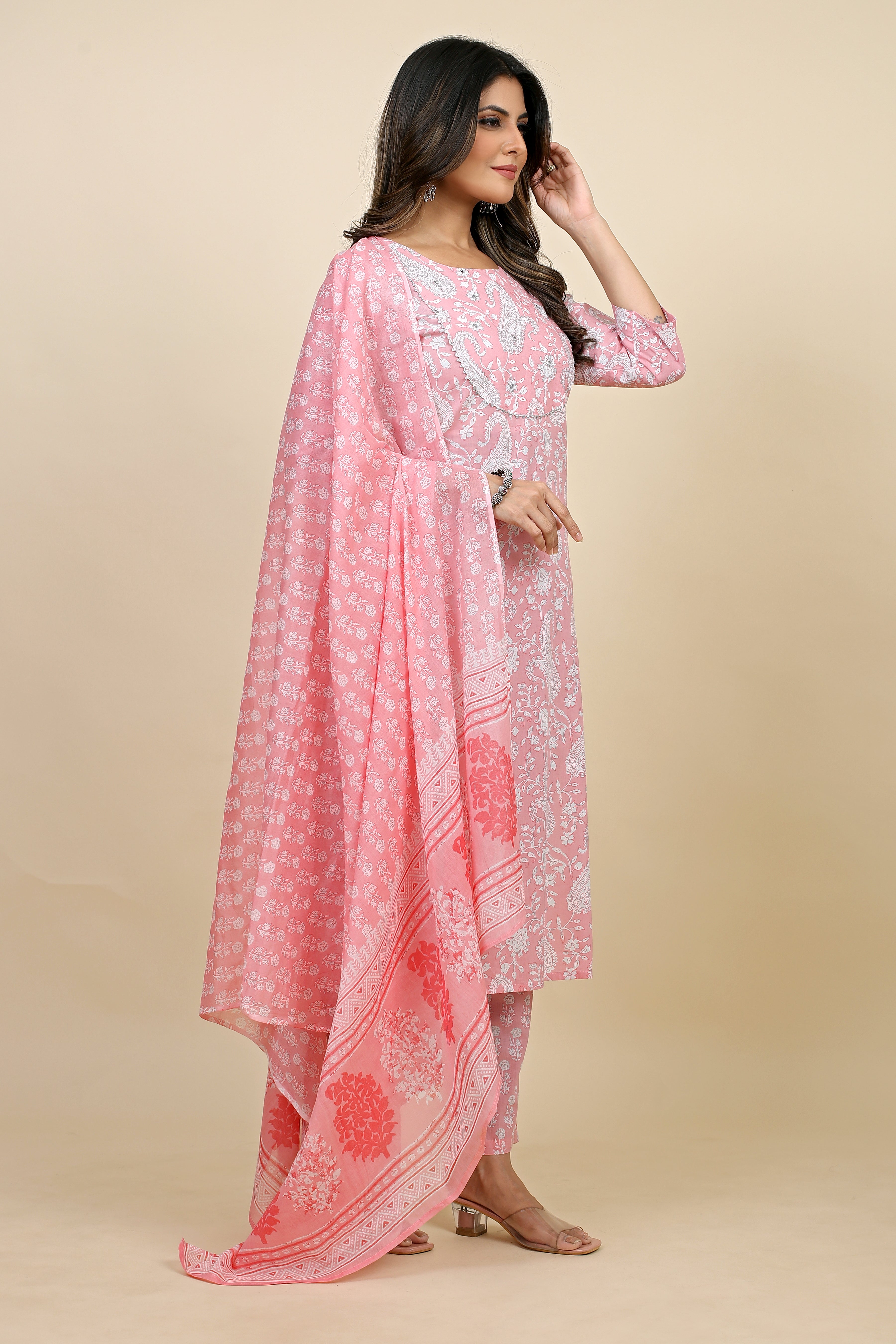 pink colored kurta pant set