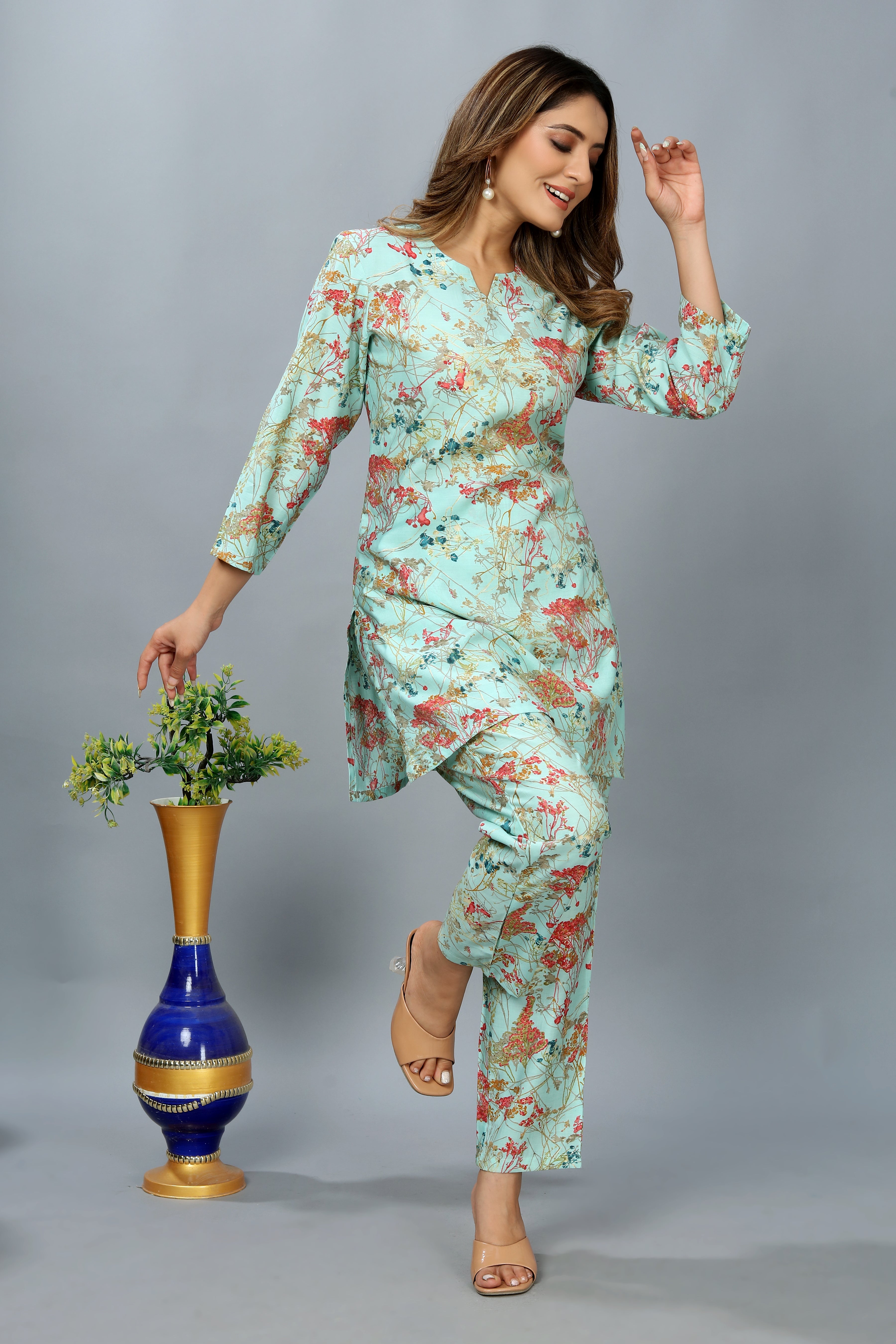Women Blend Viscose Printed Straight Co-ord Set (Blue)
