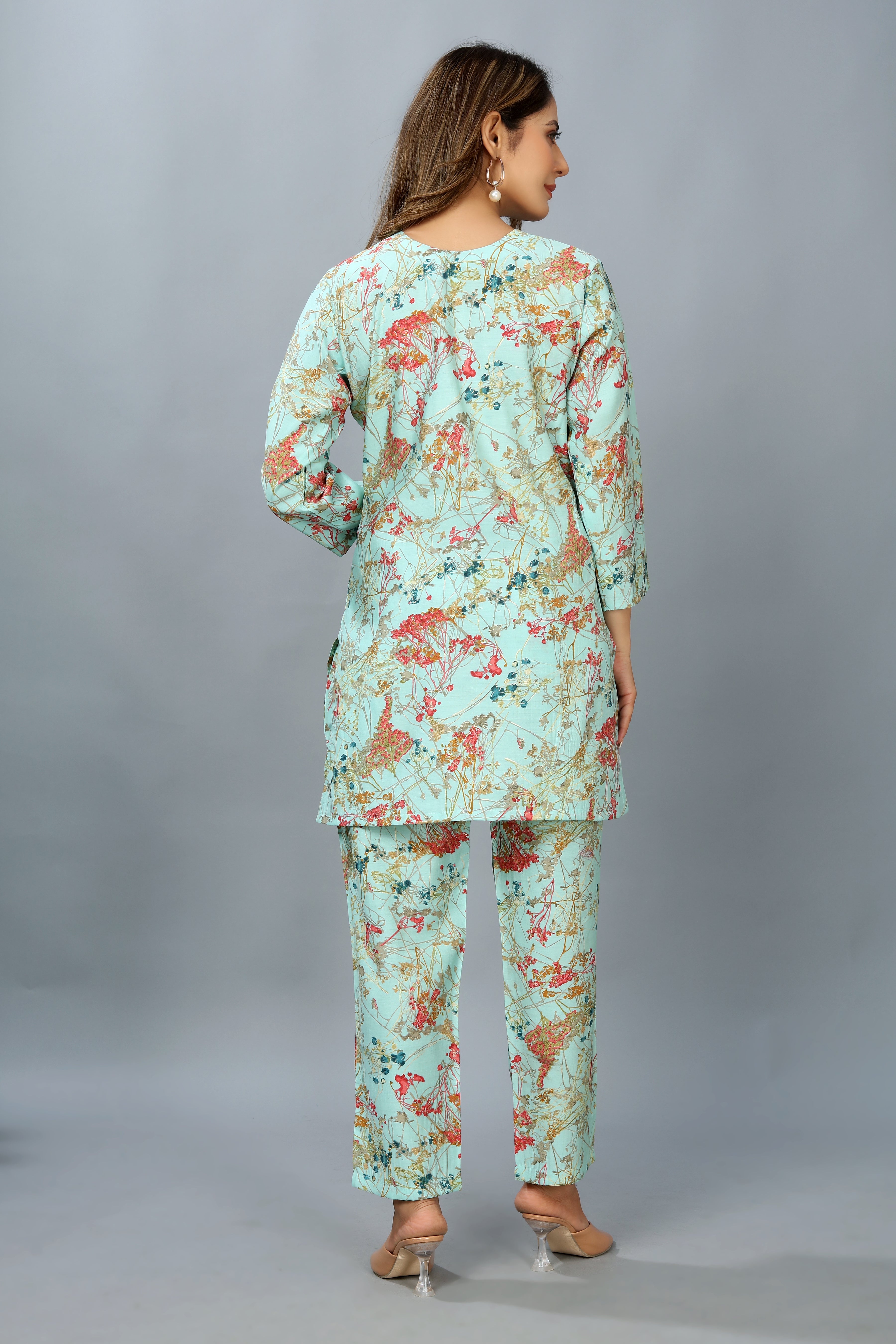Women Blend Viscose Printed Straight Co-ord Set (Blue)