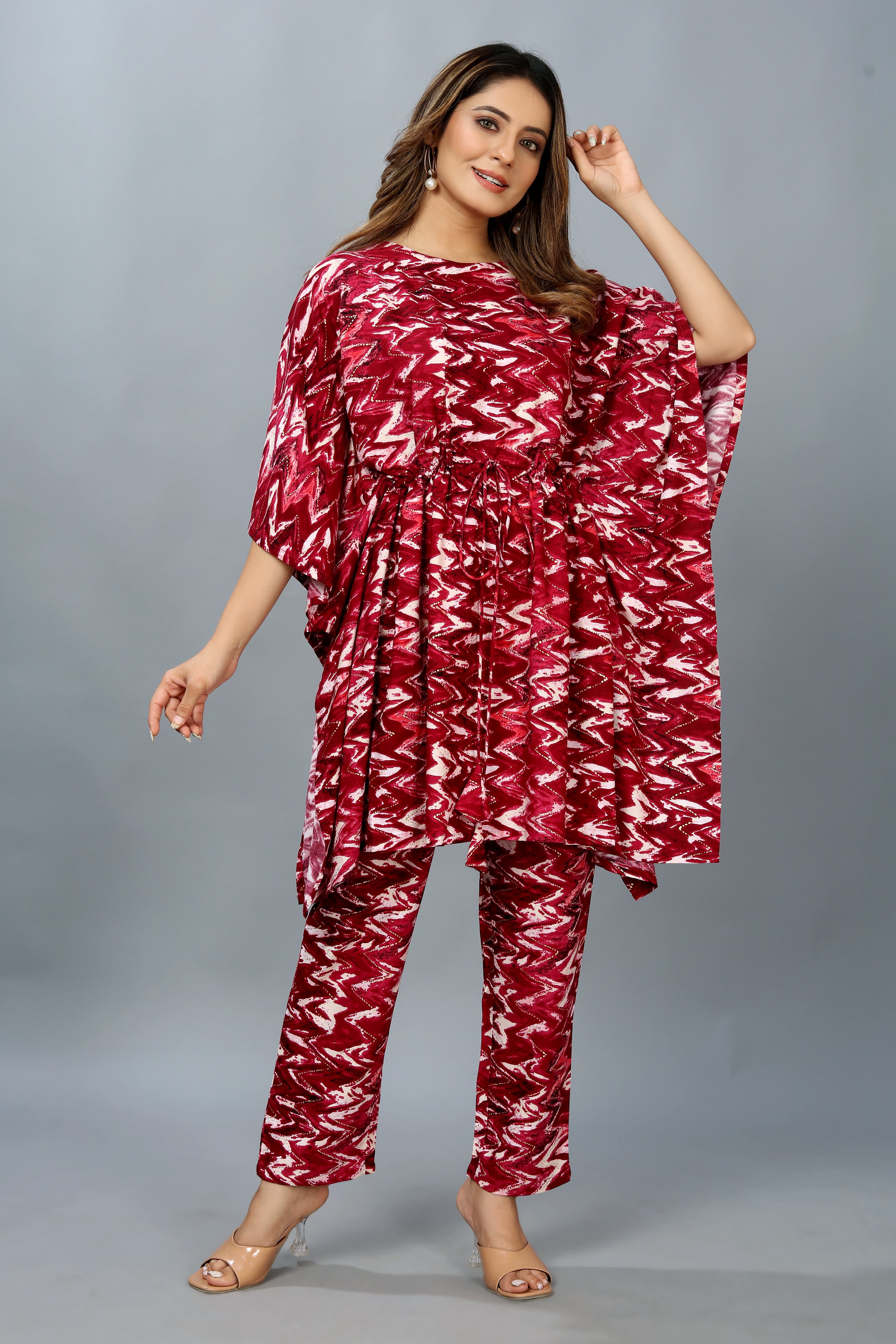 maroon printed kaftan co-ord set