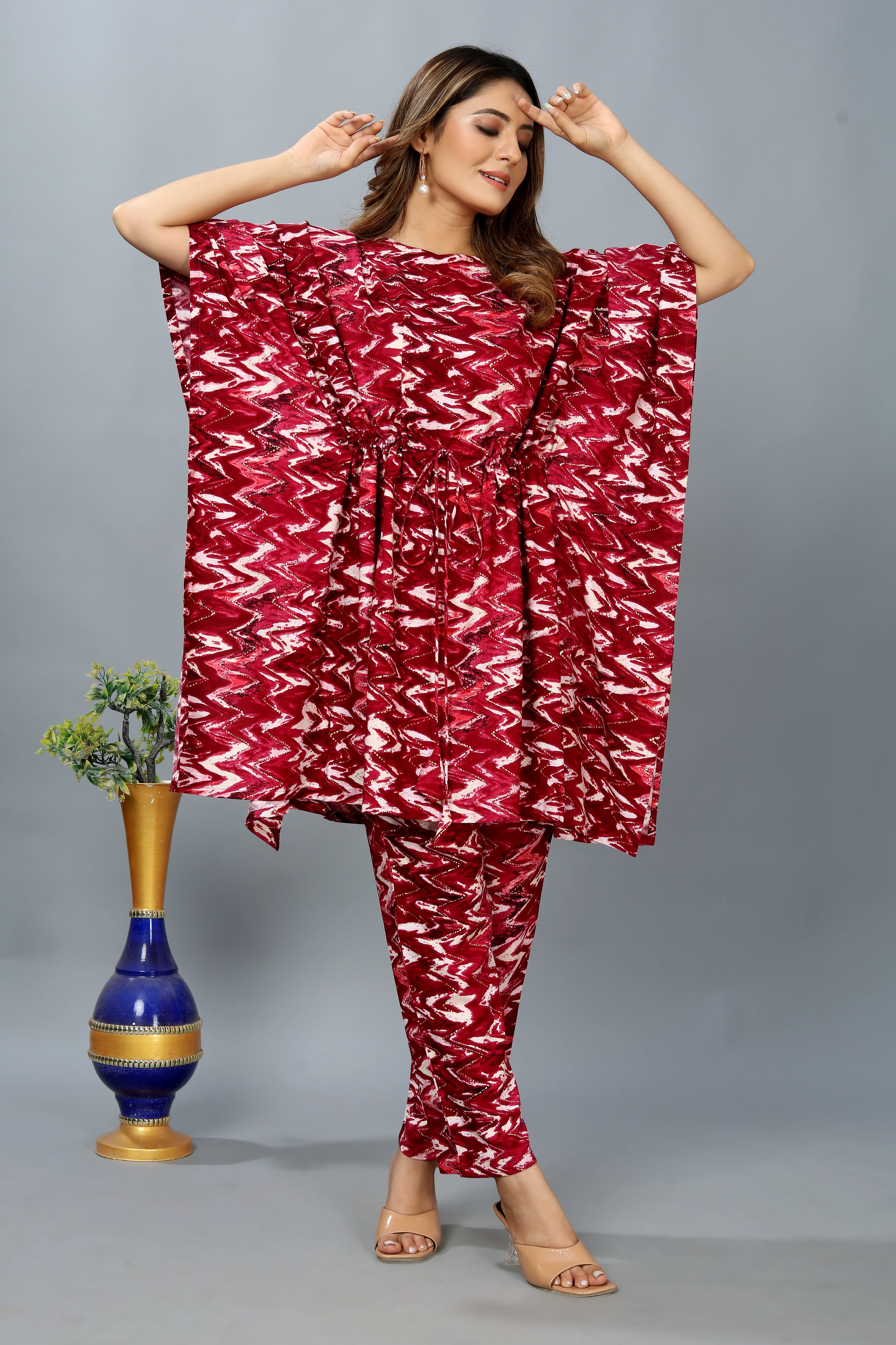 maroon printed kaftan co-ord set