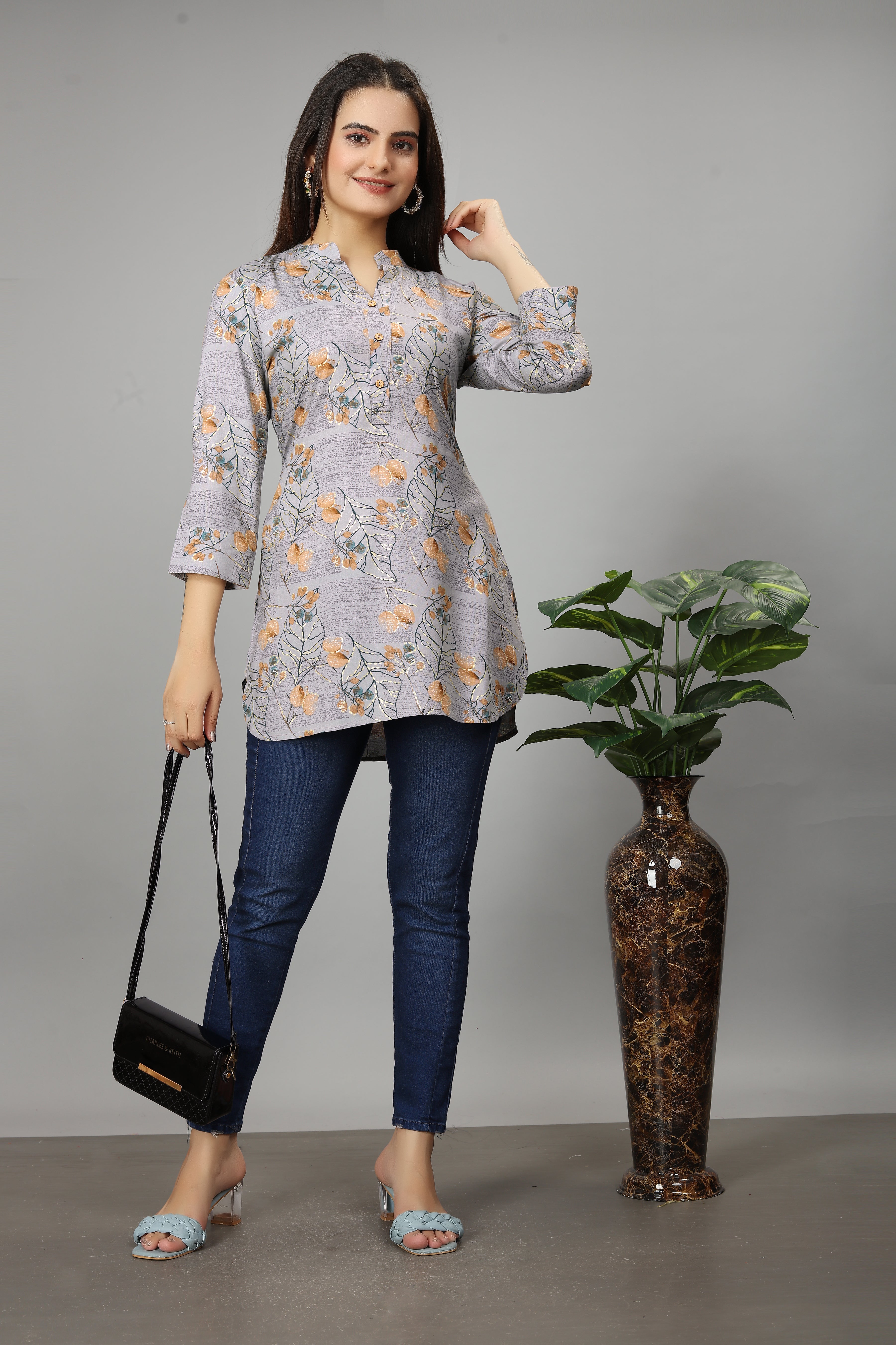 women grey mandarin neck a-line kurti