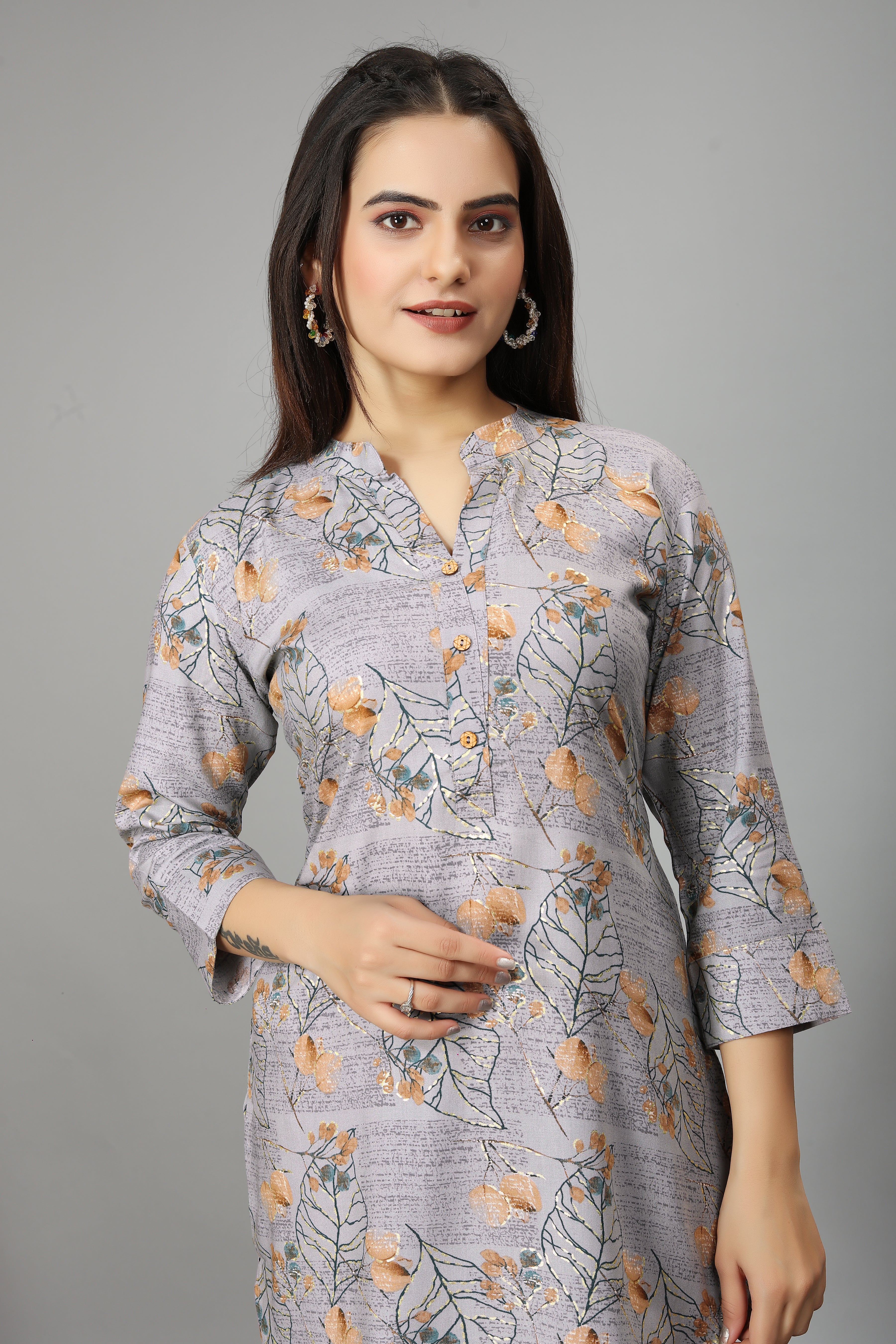 women grey mandarin neck a-line kurti