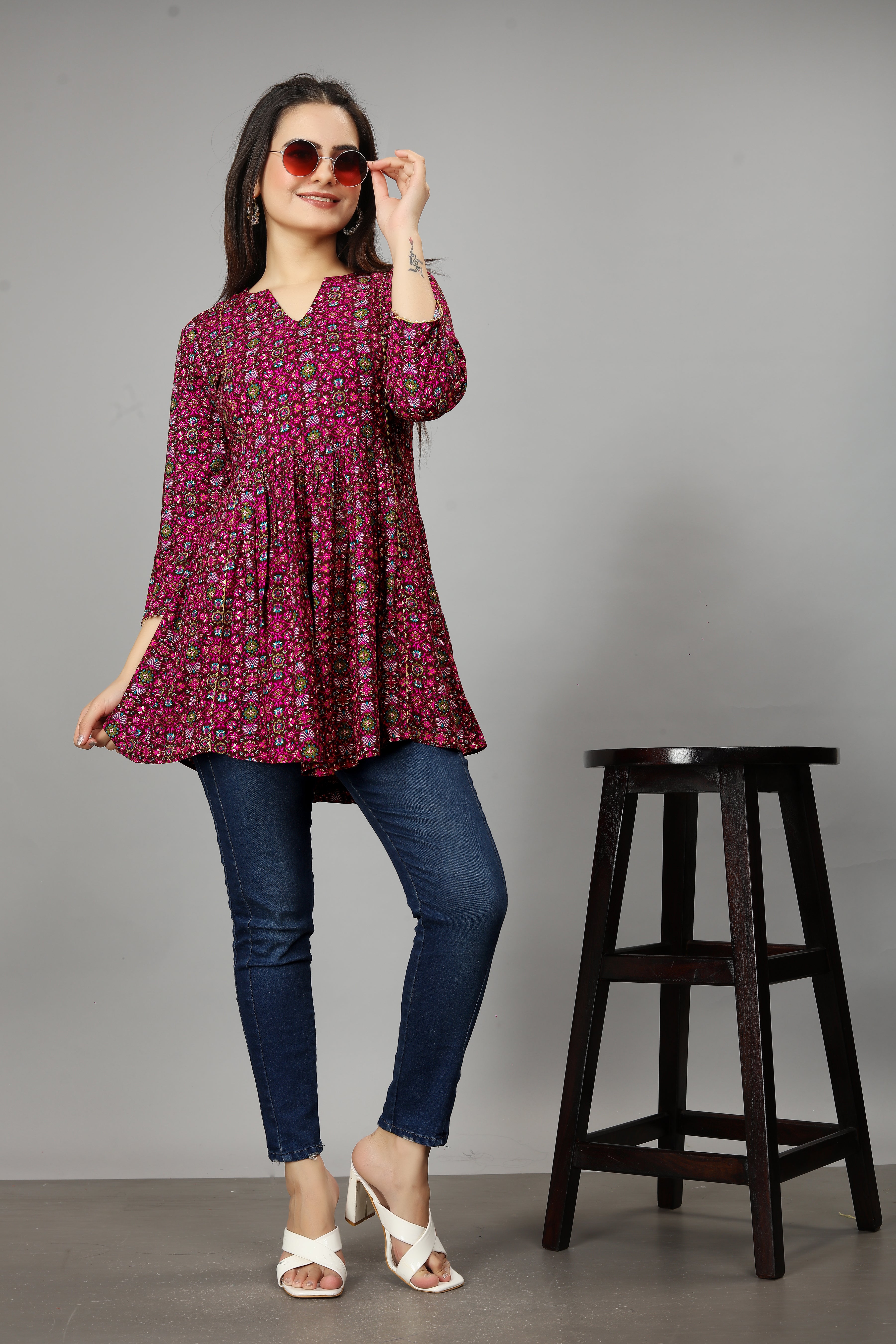 women pink notch neck flared kurti