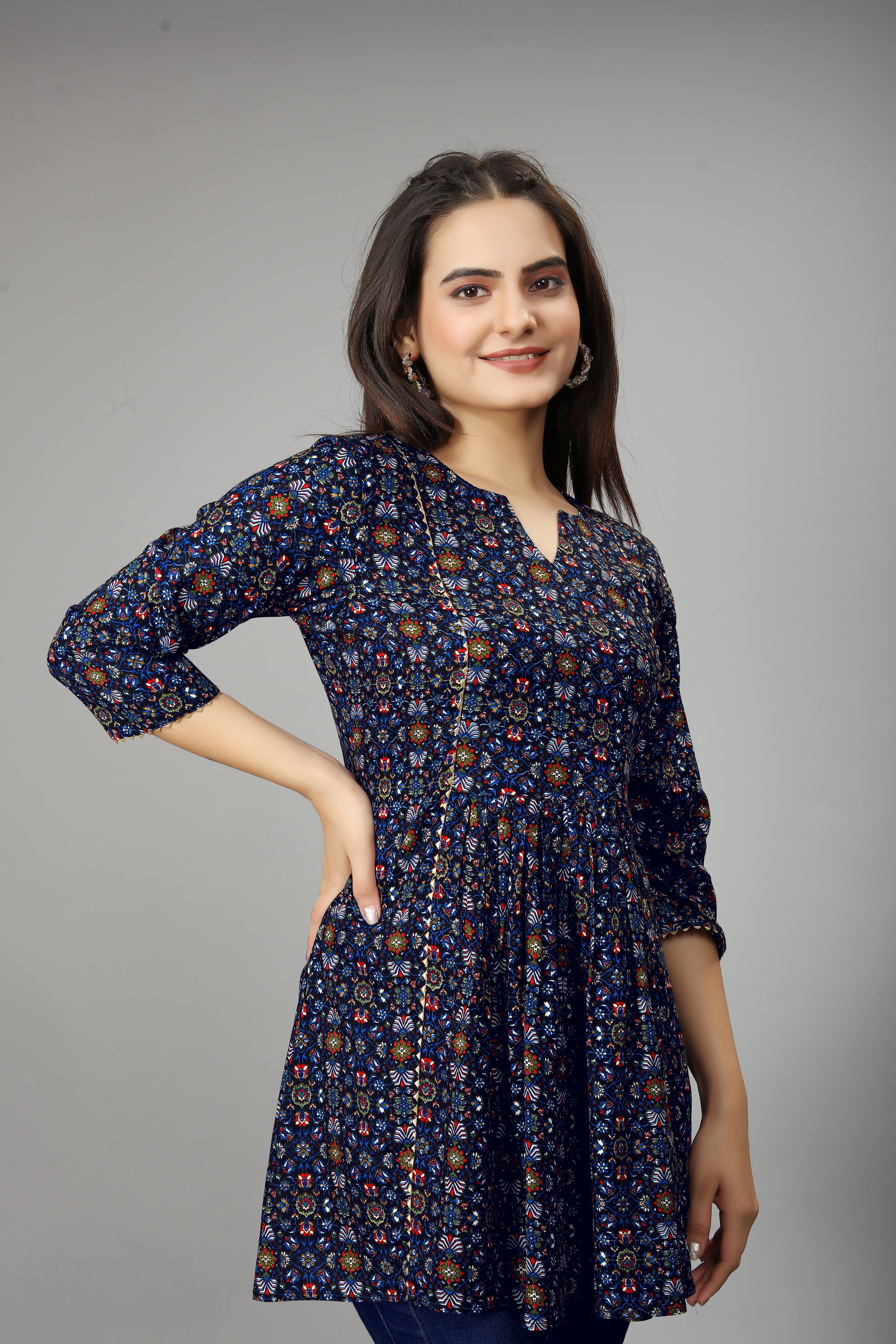 women navy blue notch neck flared kurti
