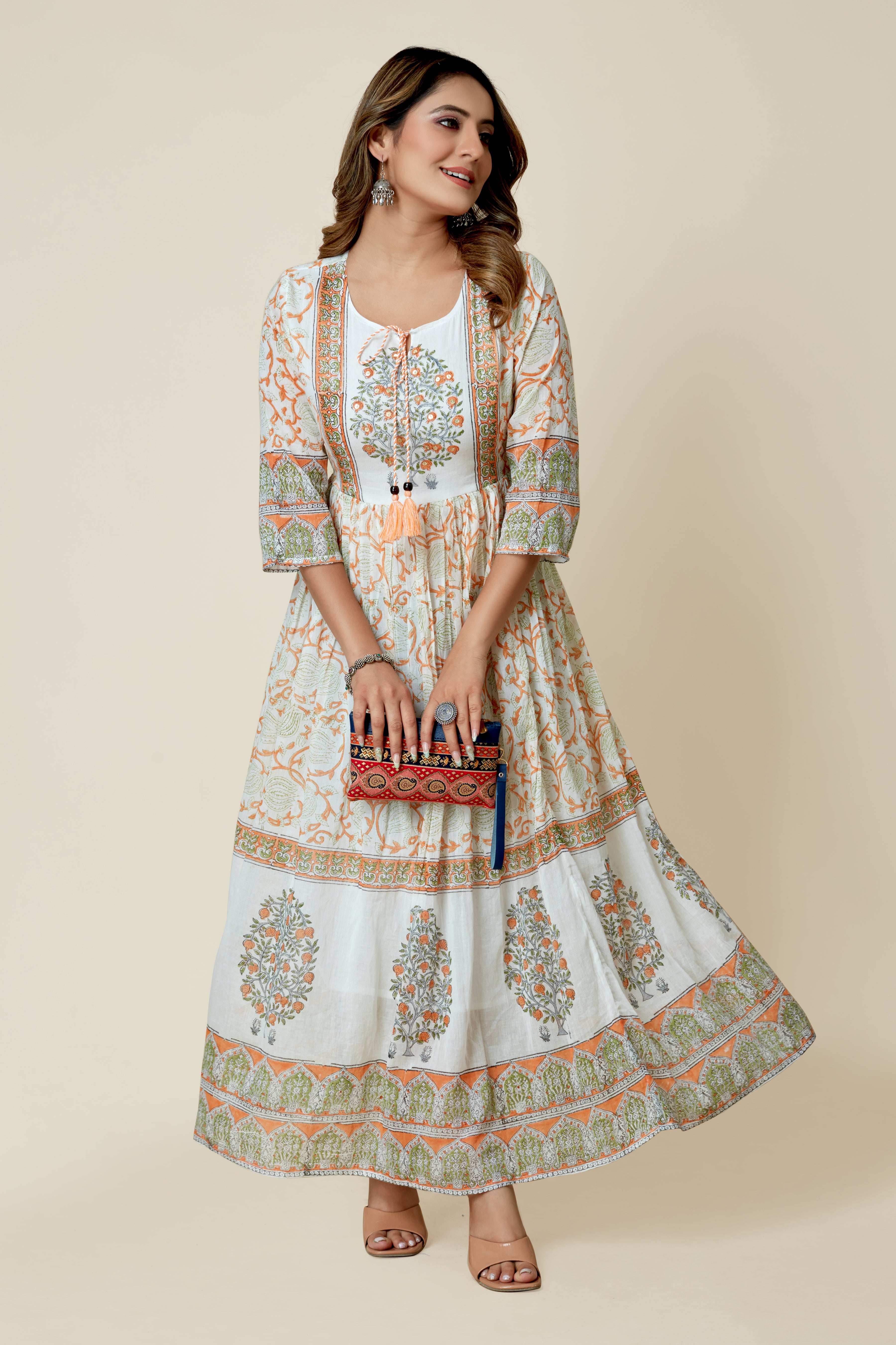 white three quarter sleeve flared kurta