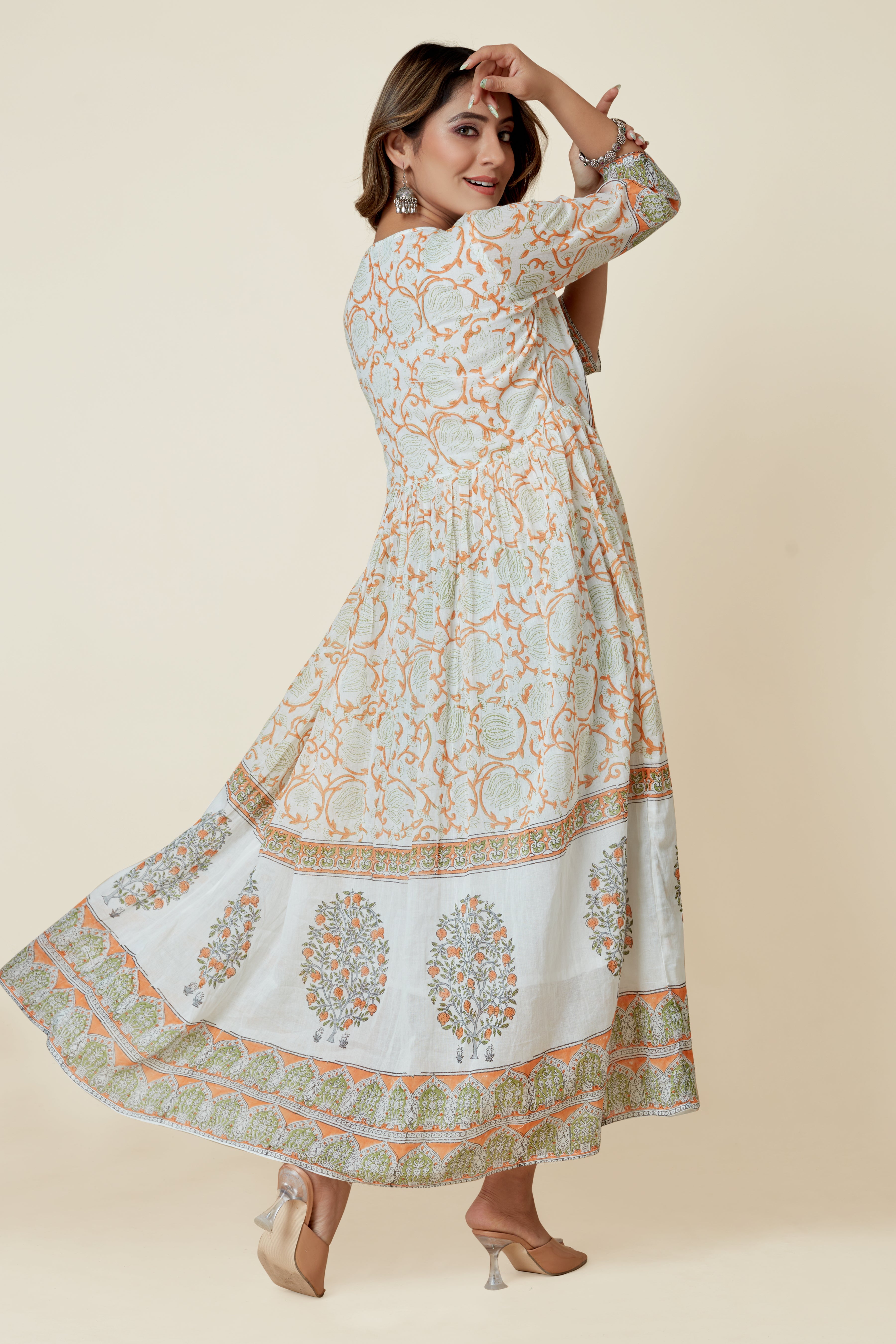 white three quarter sleeve flared kurta