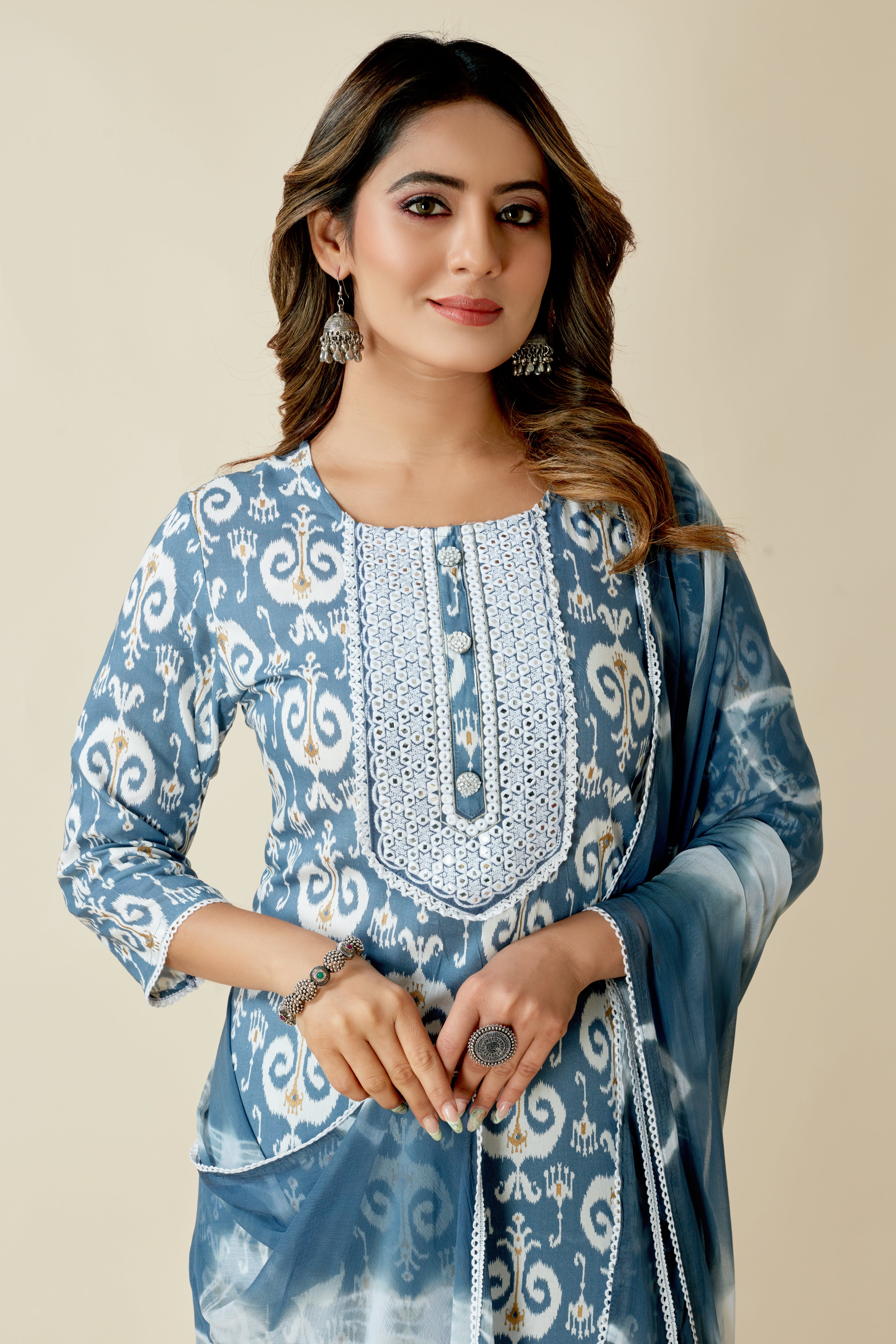 blue colored kurta pant set