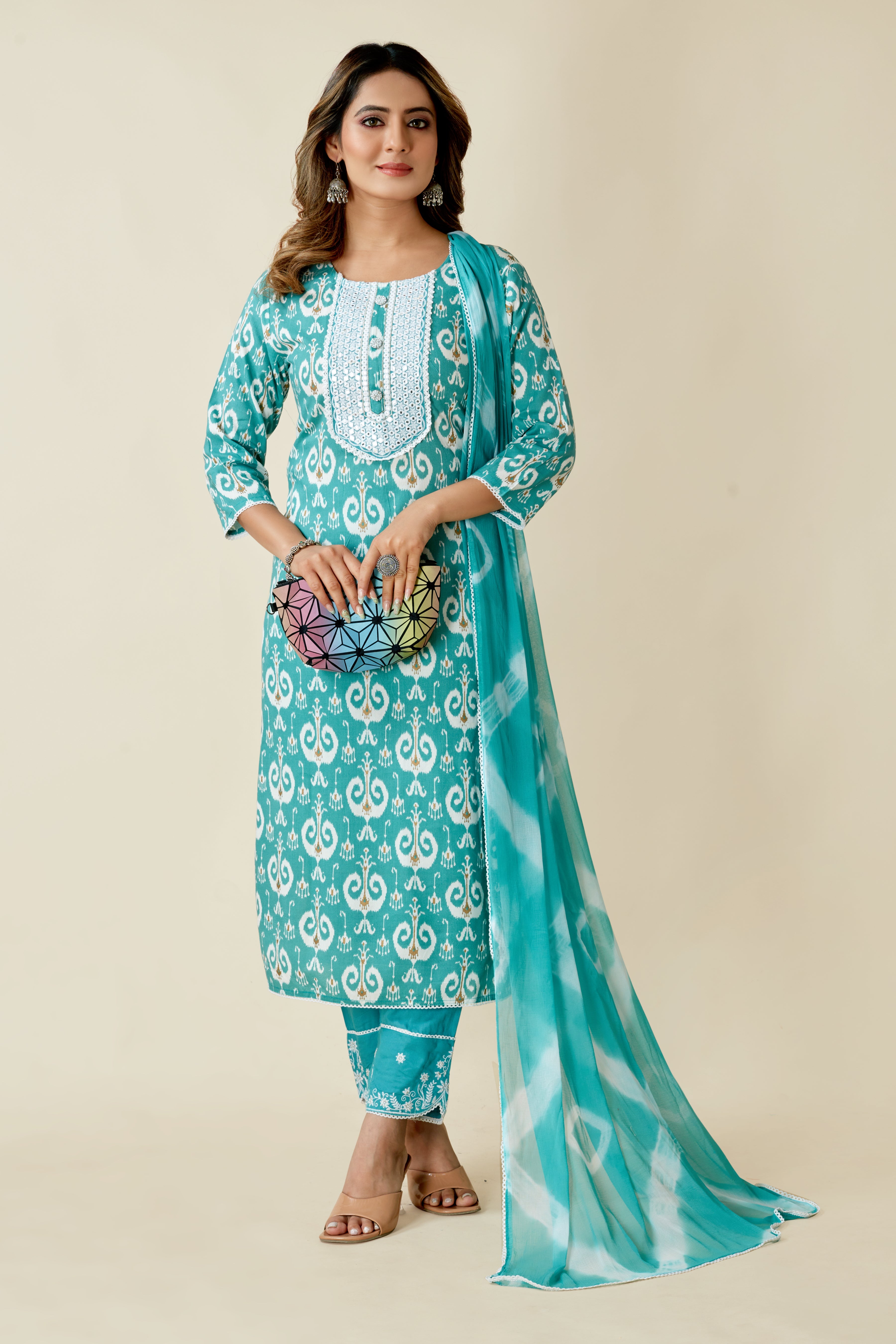 women turquoise kurta pant set with dupatta