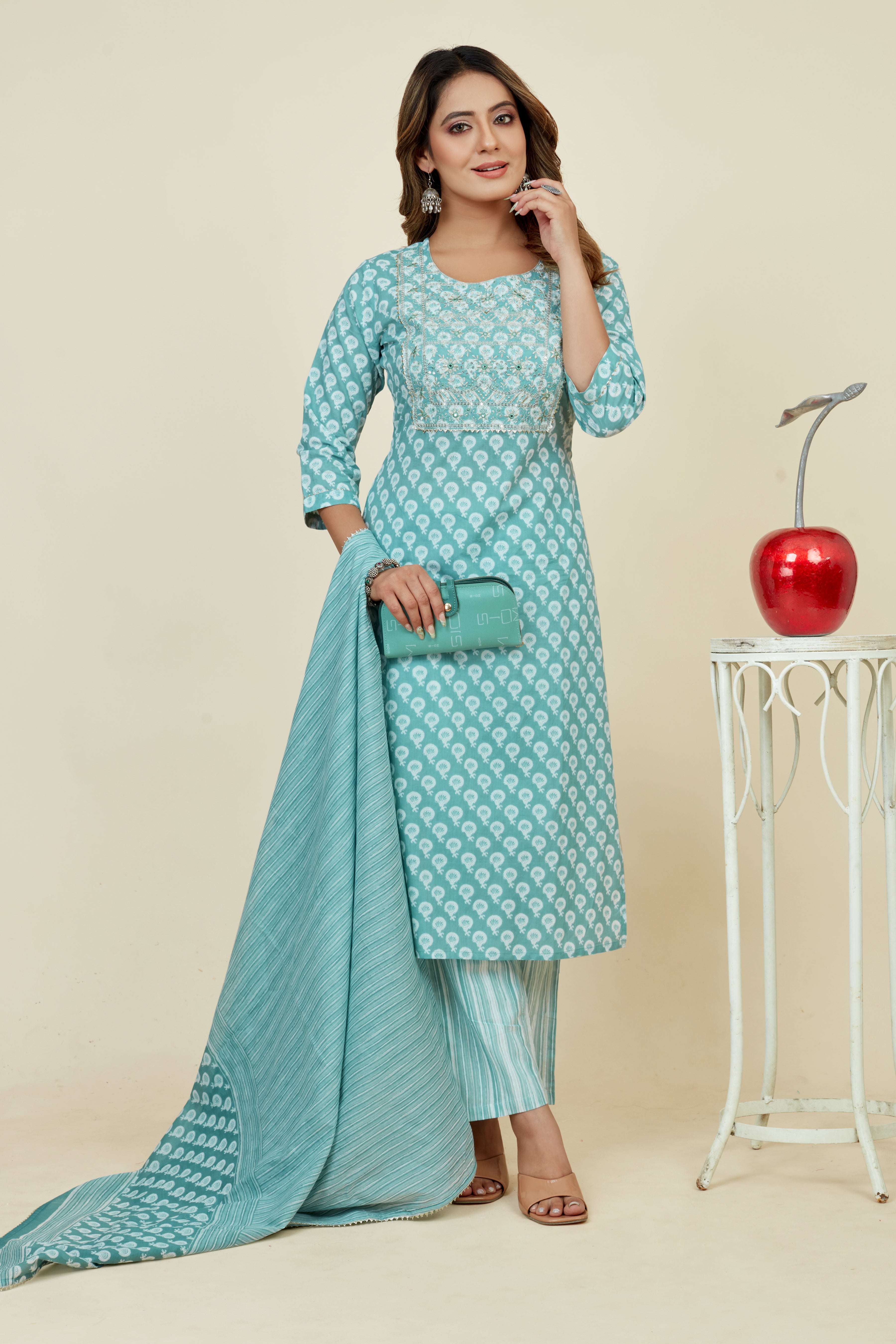 light blue colored kurta pant set