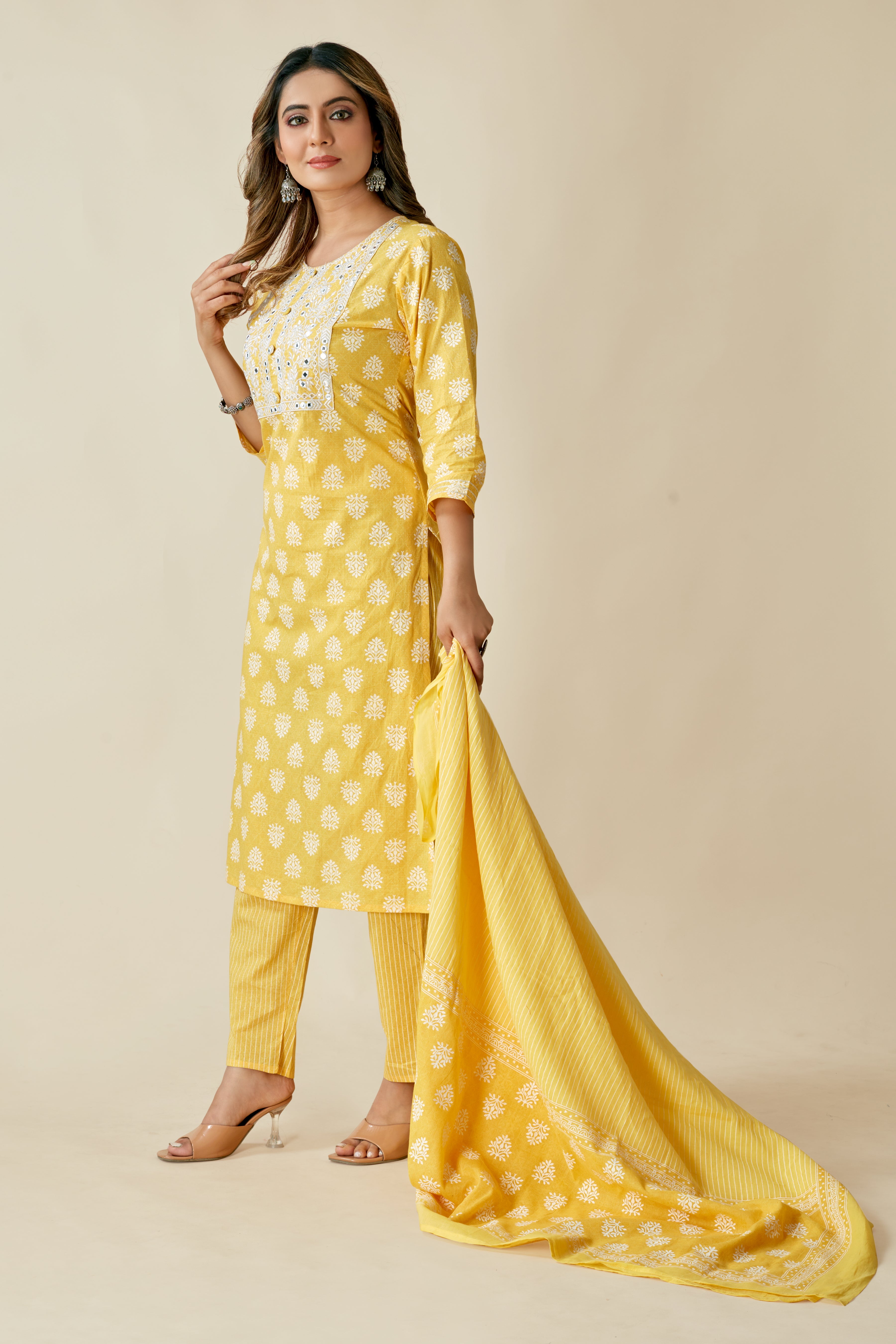 women yellow printed kurta pant set with dupatta