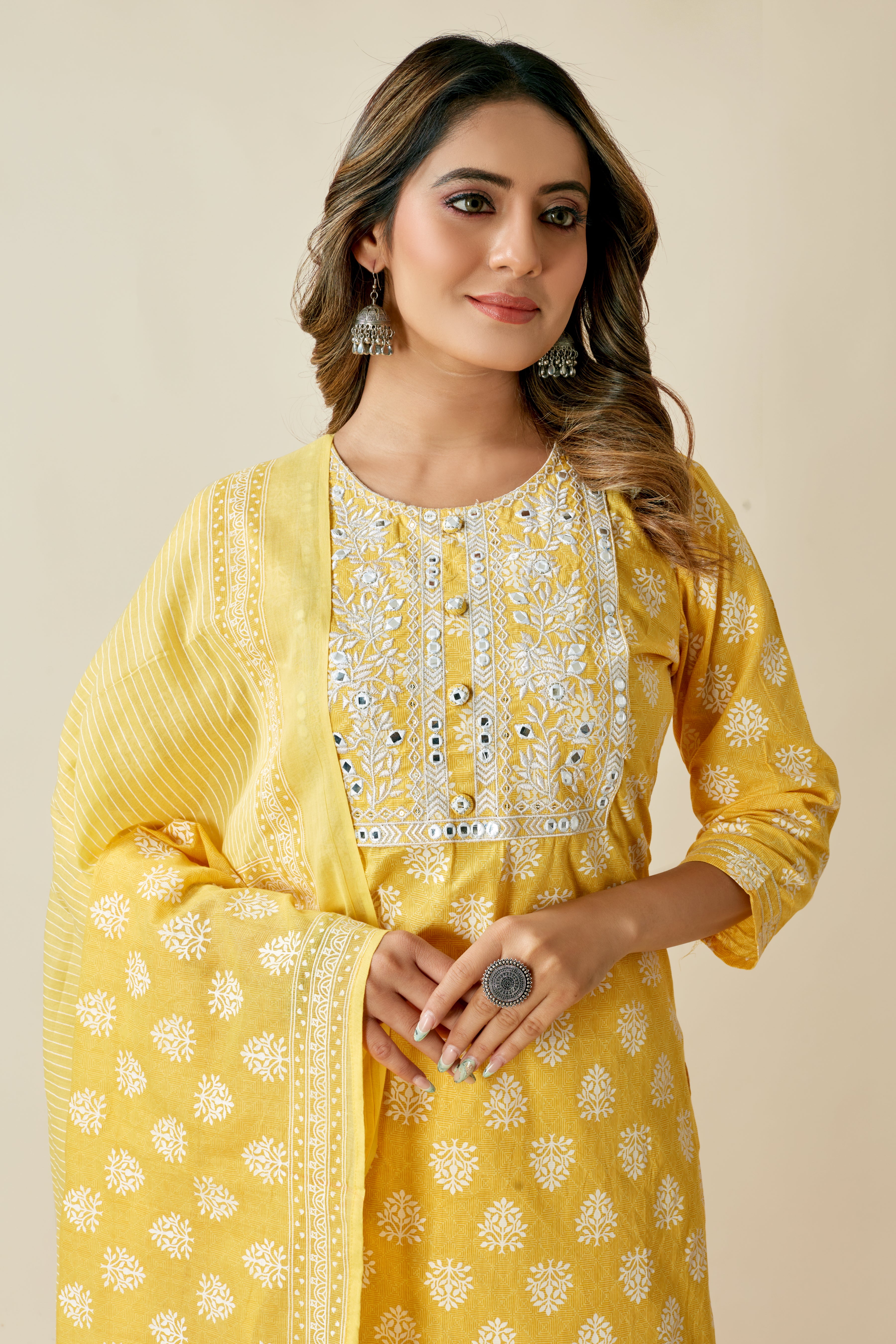 women yellow printed kurta pant set with dupatta