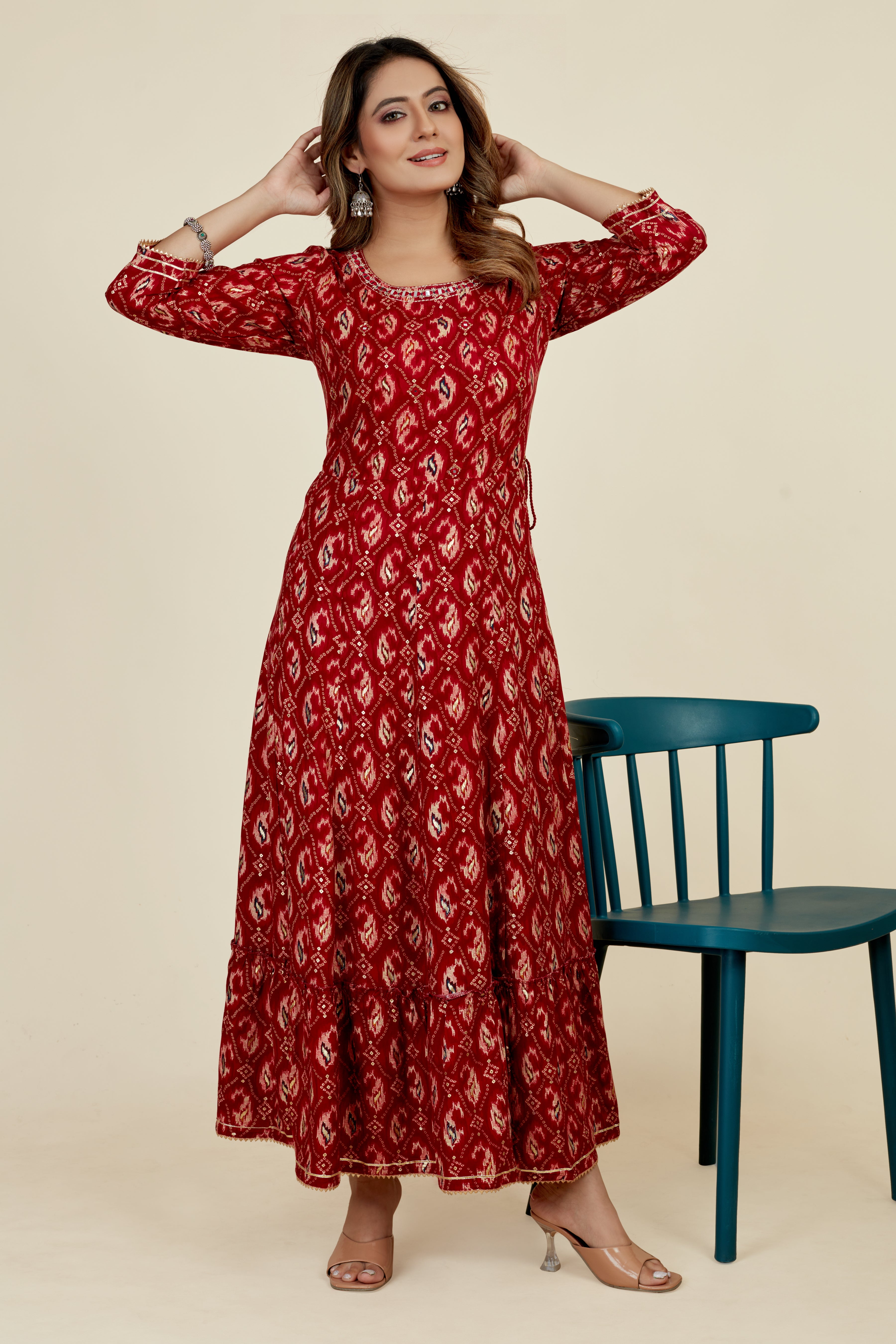 maroon colored flared kurta