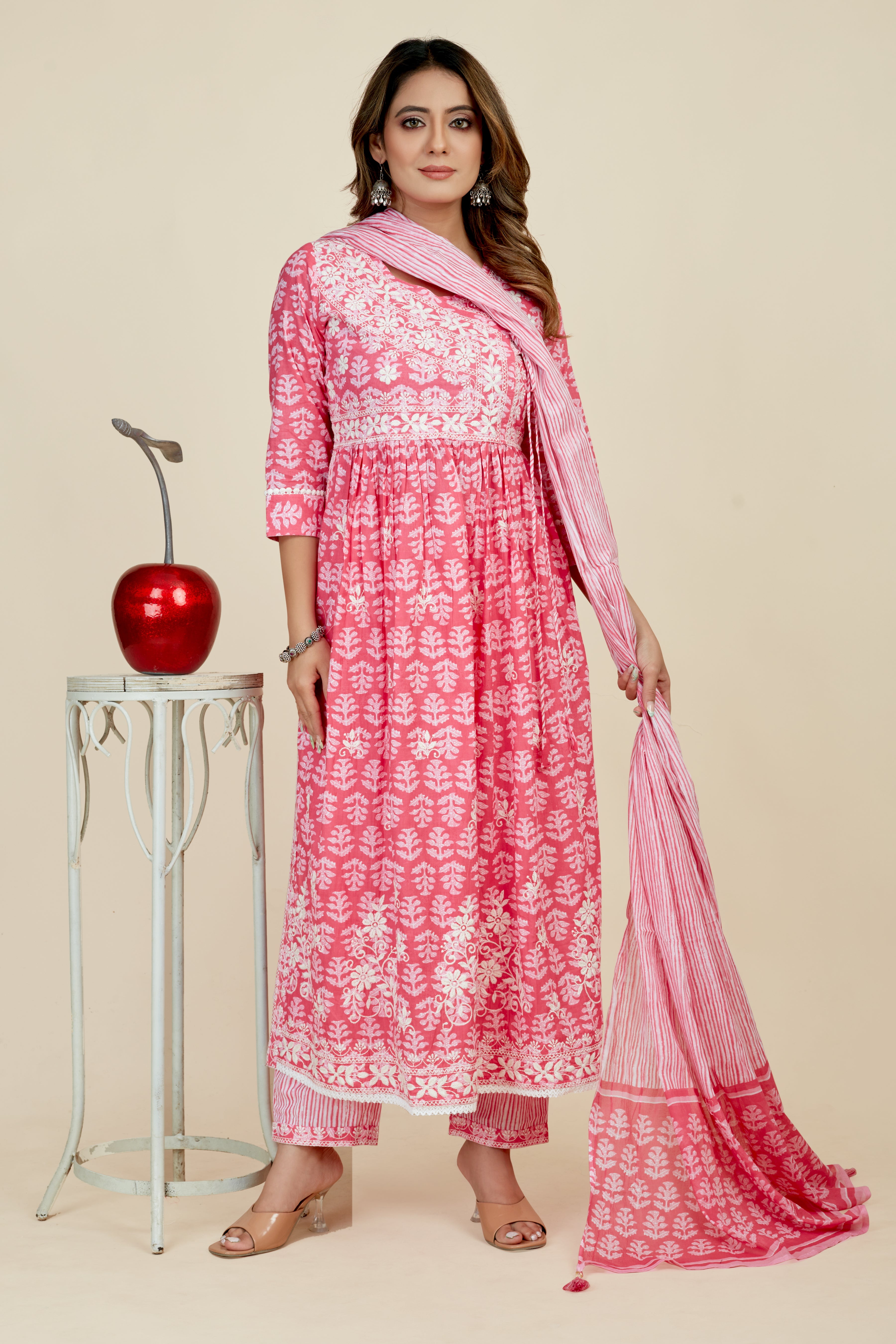 pink colored kurta pant set