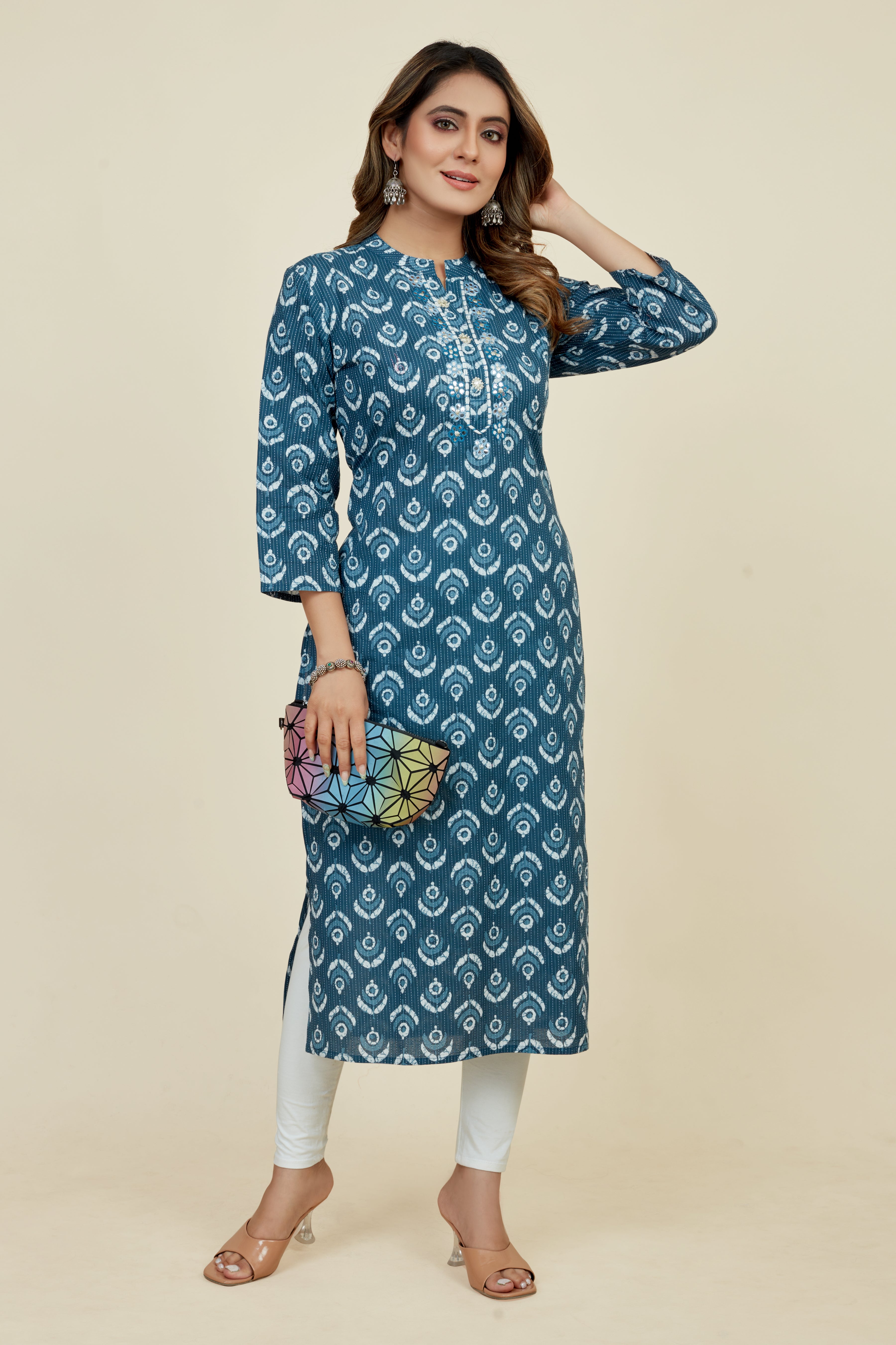 teal colored straight kurta