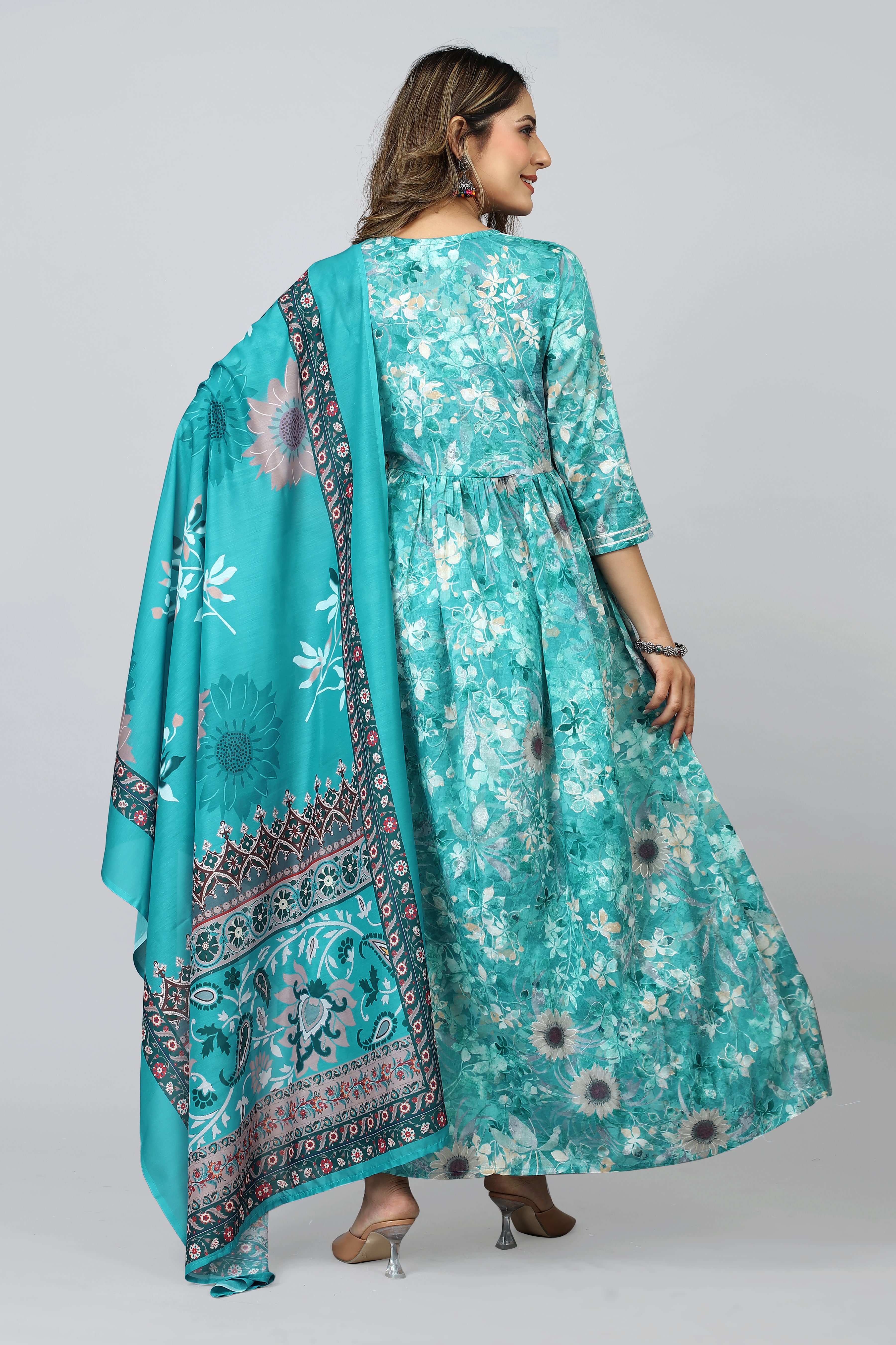 turquoise three quarter sleeve kurta pant set