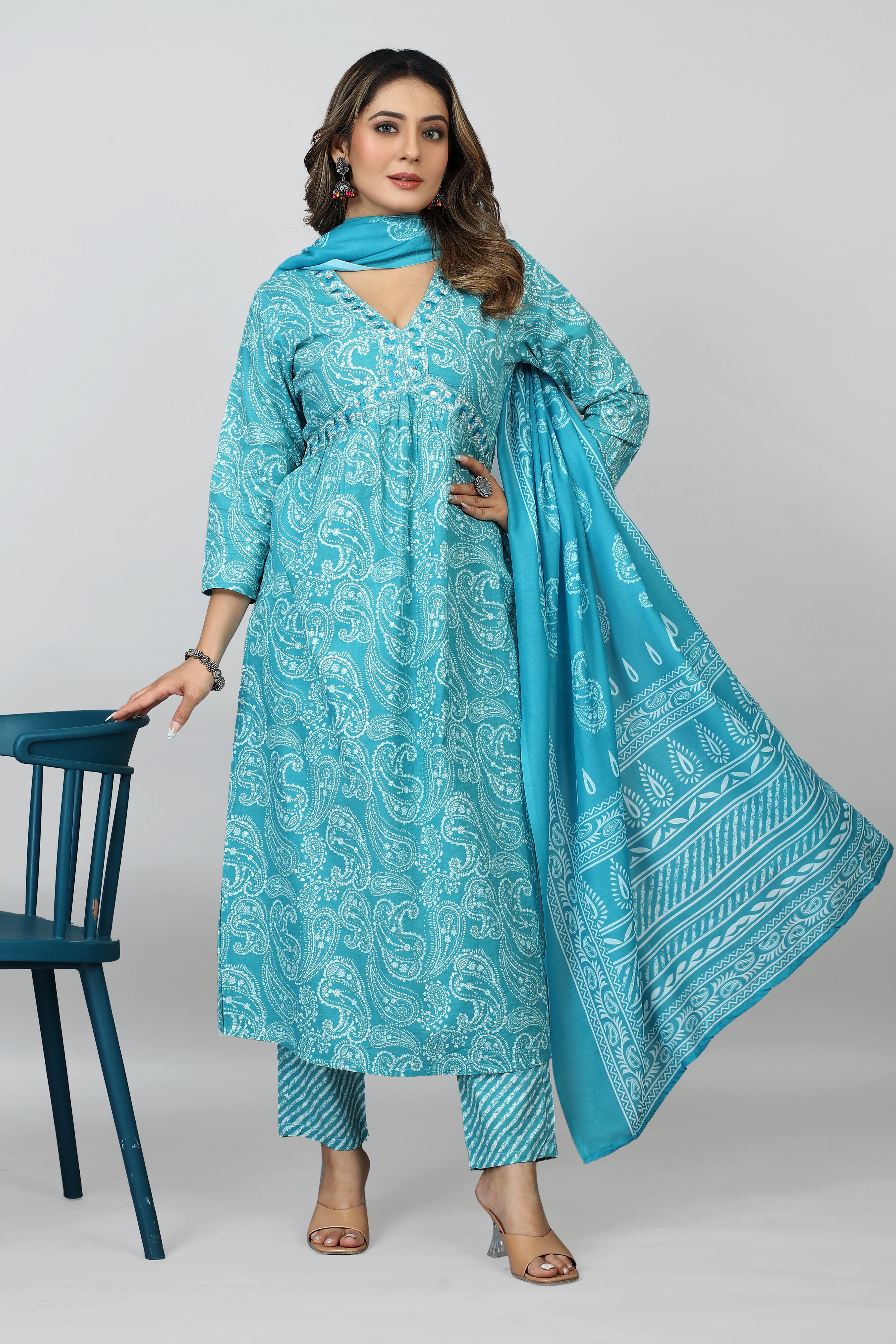 SARRAS Printed Kurta, Trouser/Pant & Dupatta Set